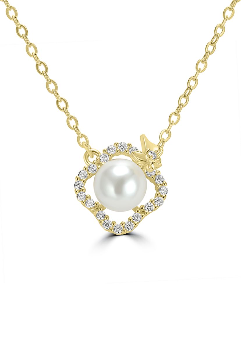 Gold Plated Cubic Zirconia Clover Butterfly Pearl Necklace