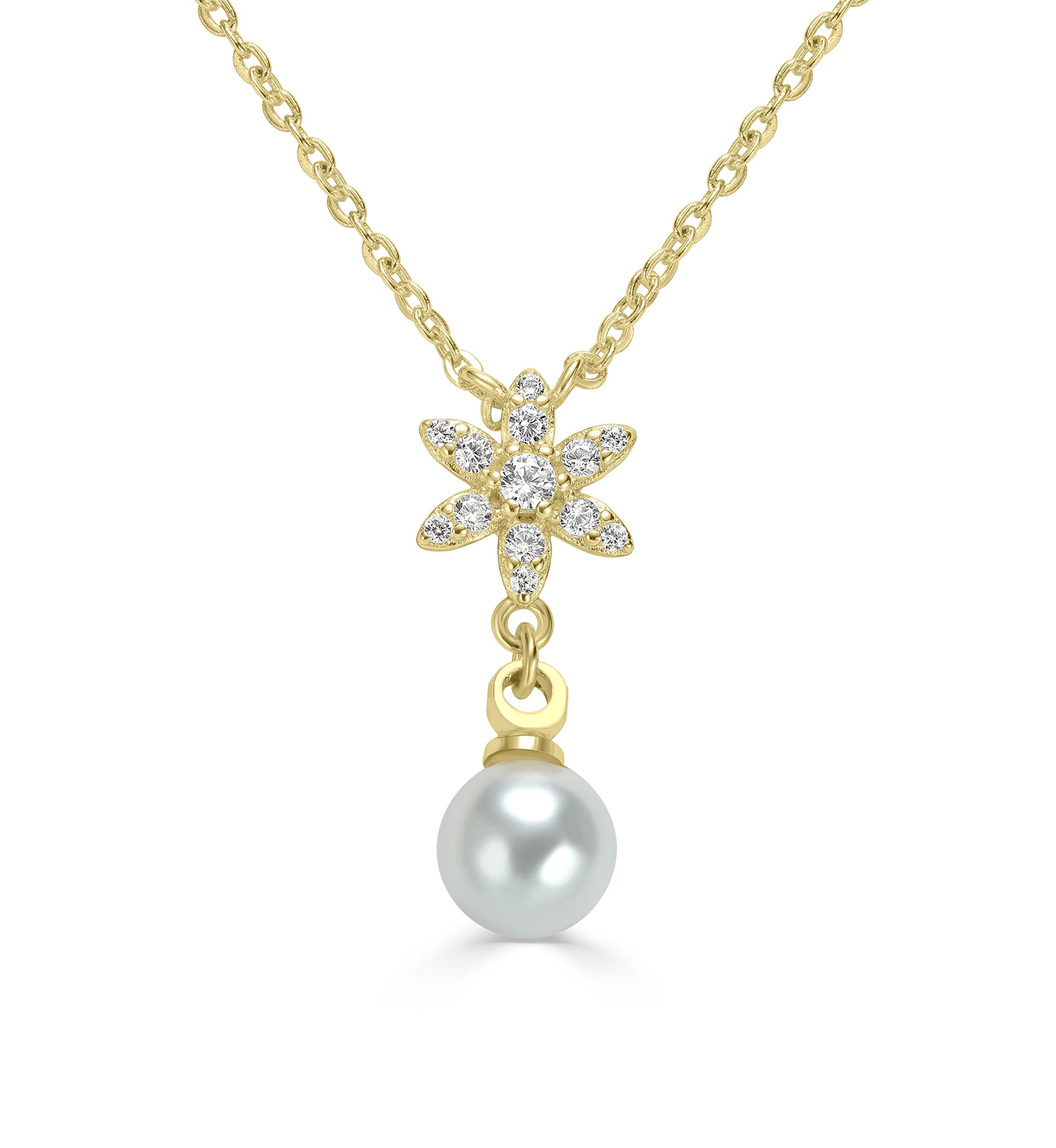 Gold Plated Flower and Cubic Zirconia Pearl Drop Pendant Necklace