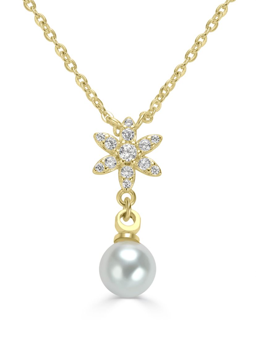 Gold Plated Flower and Cubic Zirconia Pearl Drop Pendant Necklace
