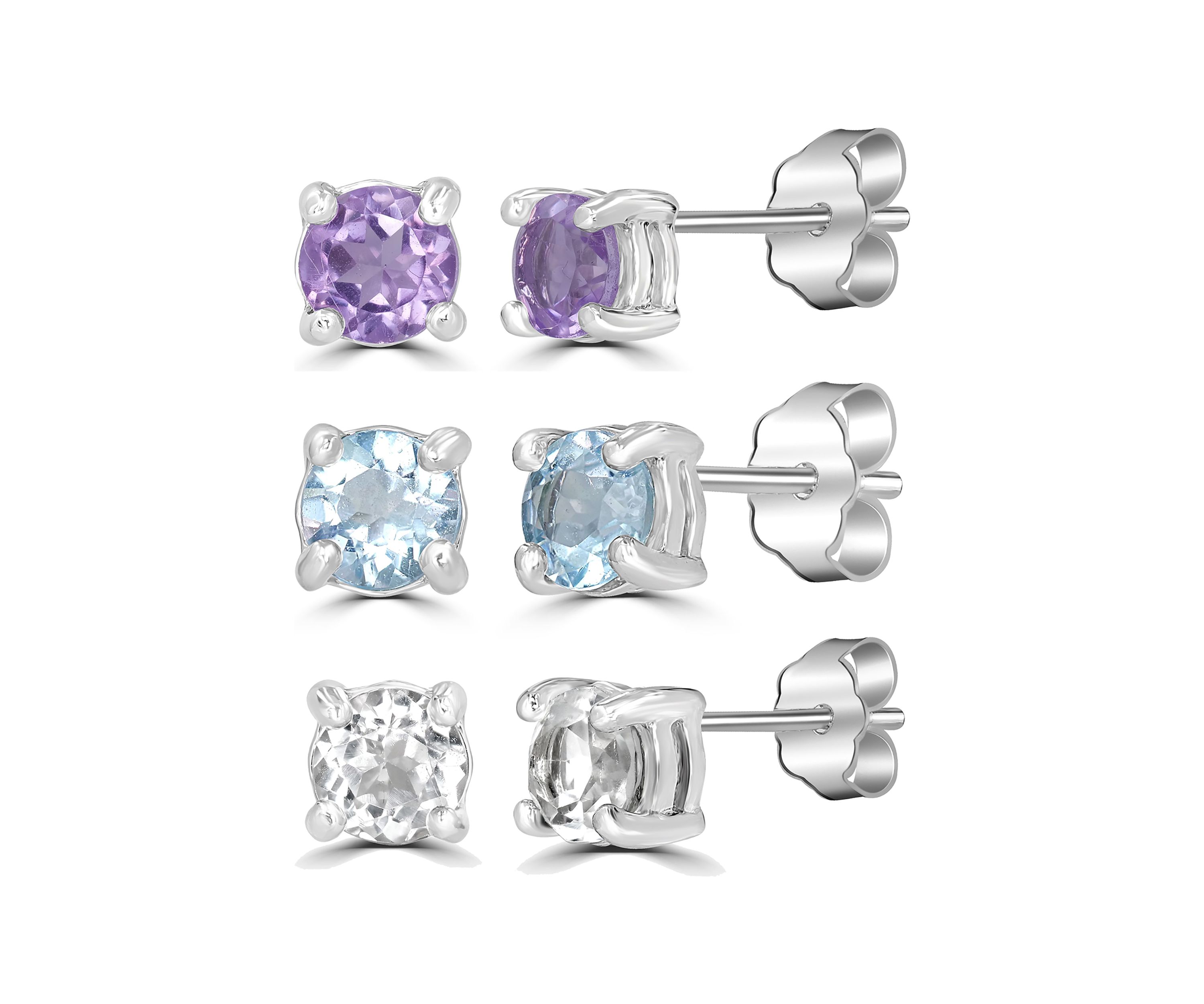 Sterling Silver 4MM Round Amethyst, Blue Topaz and White Topaz Earring Trio