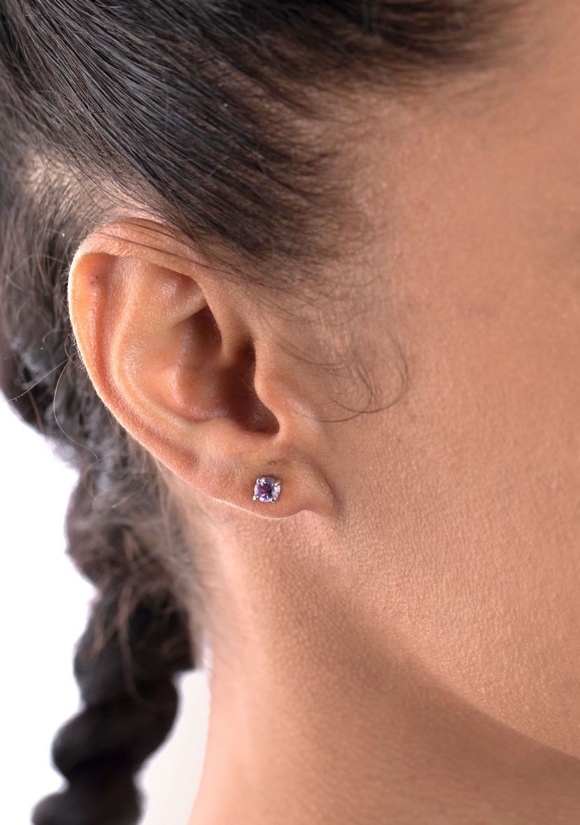 Sterling Silver 4MM Round Amethyst, Blue Topaz and White Topaz Earring Trio
