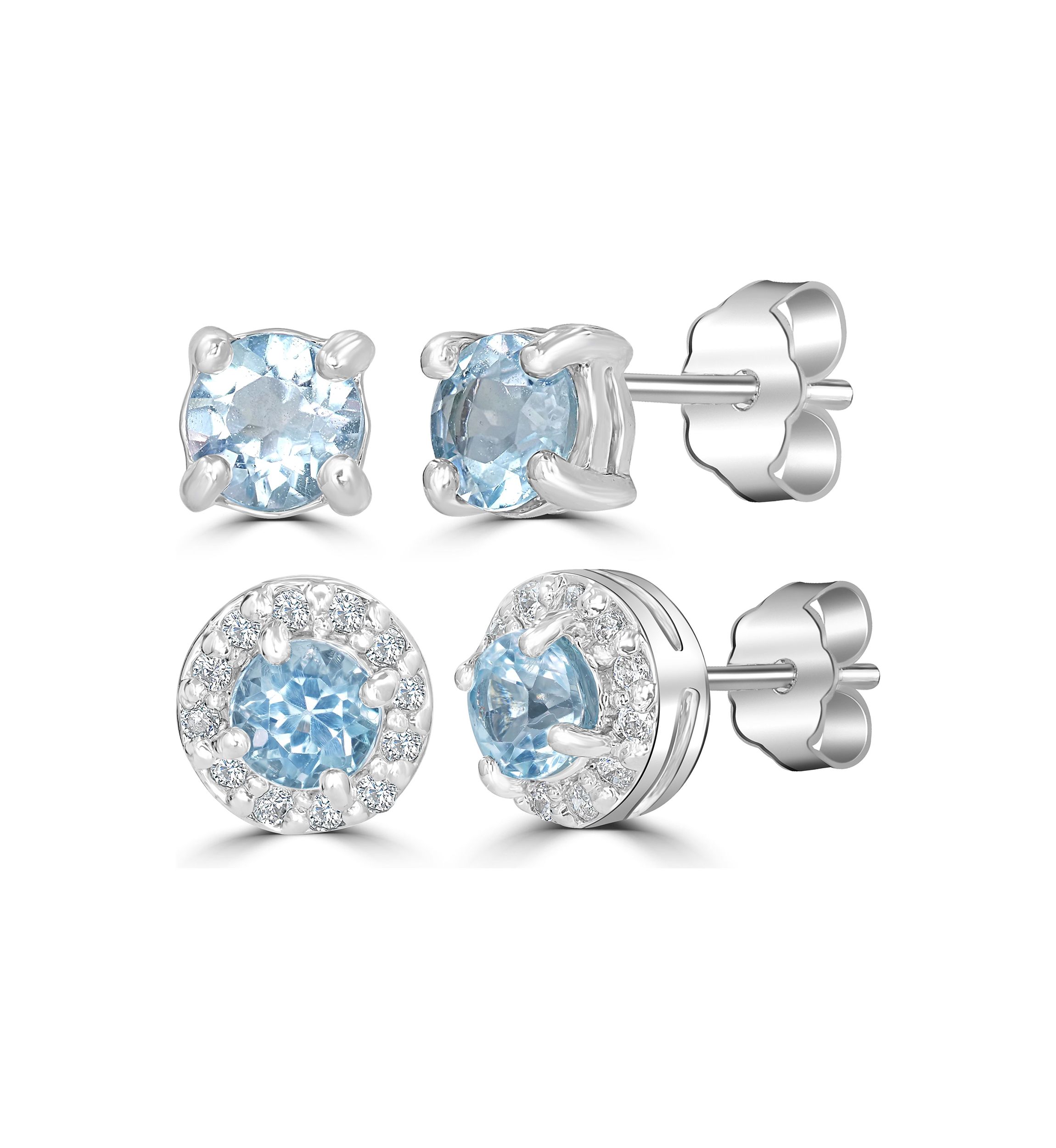 Sterling Silver 4mm Round and Halo Blue Topaz Stud Earring Duo