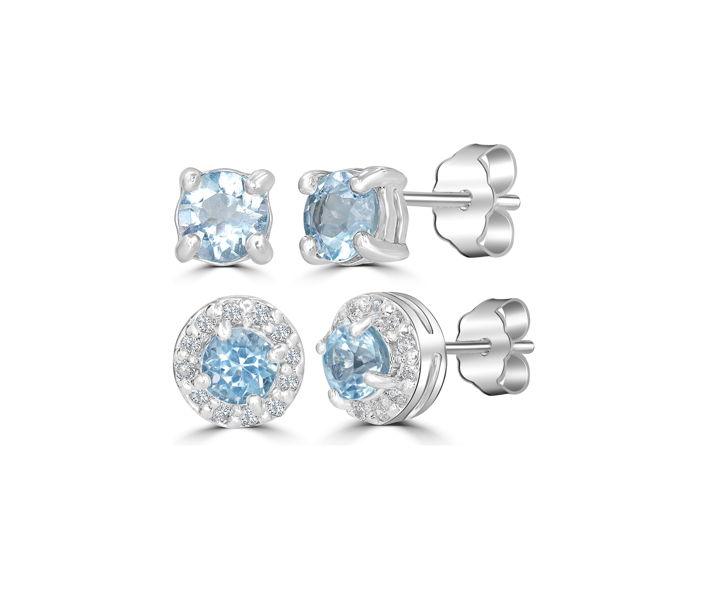 Sterling Silver 4mm Round and Halo Blue Topaz Stud Earring Duo