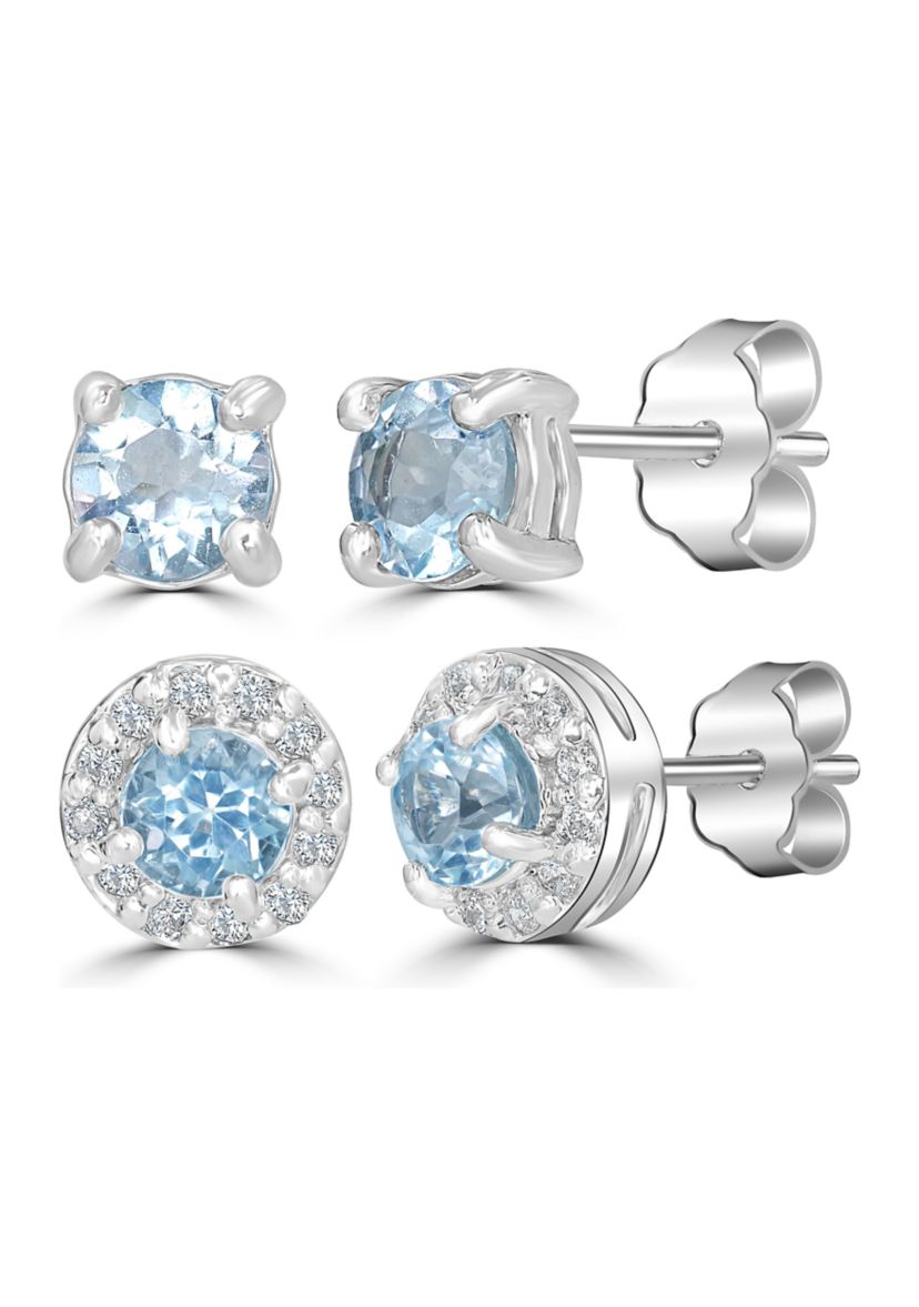 Sterling Silver 4mm Round and Halo Blue Topaz Stud Earring Duo