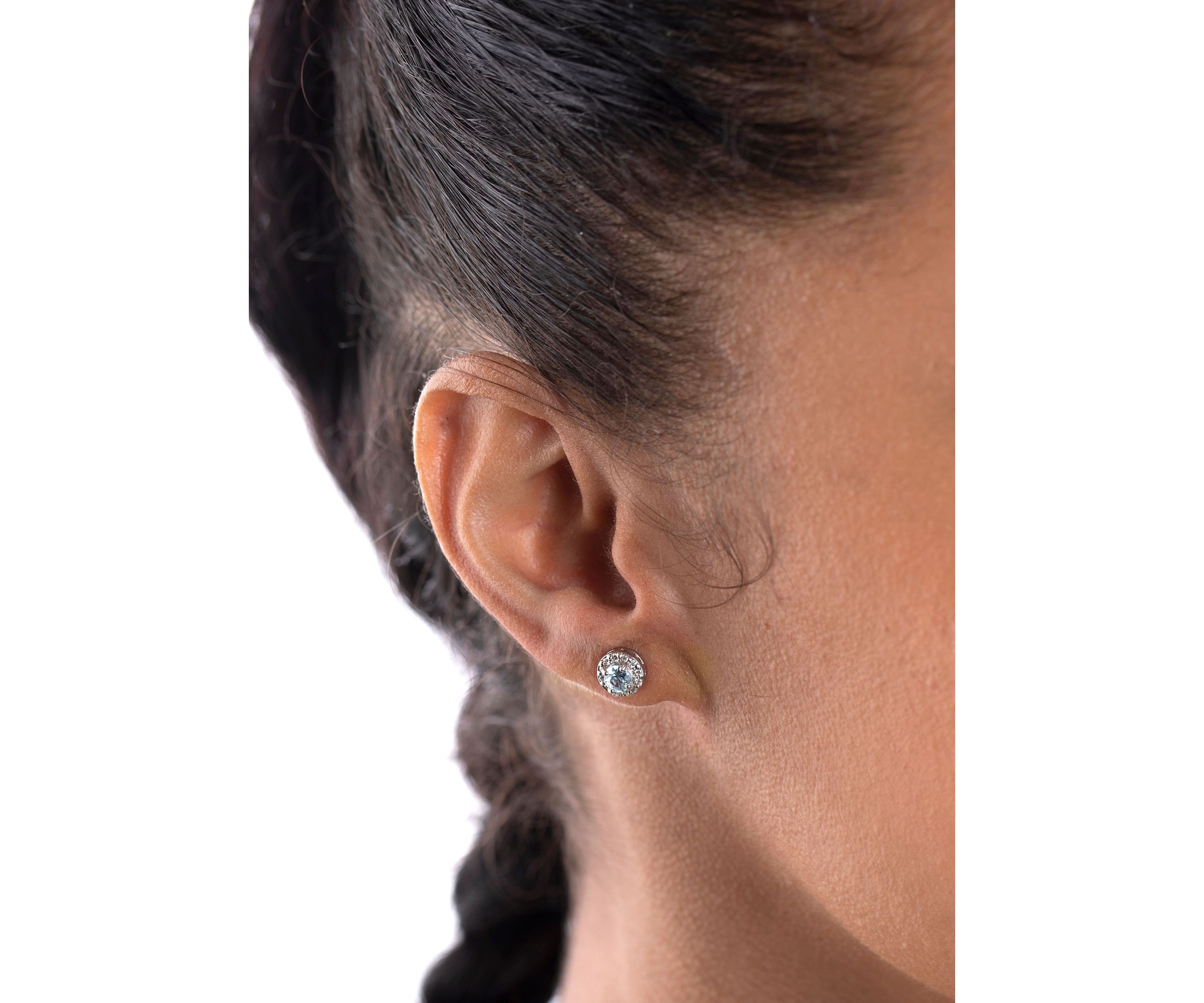 Sterling Silver 4mm Round and Halo Blue Topaz Stud Earring Duo