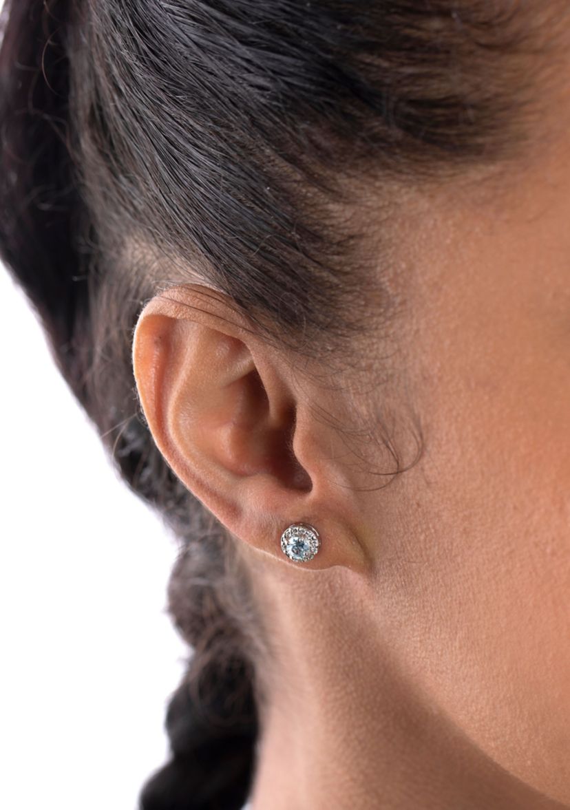 Sterling Silver 4mm Round and Halo Blue Topaz Stud Earring Duo