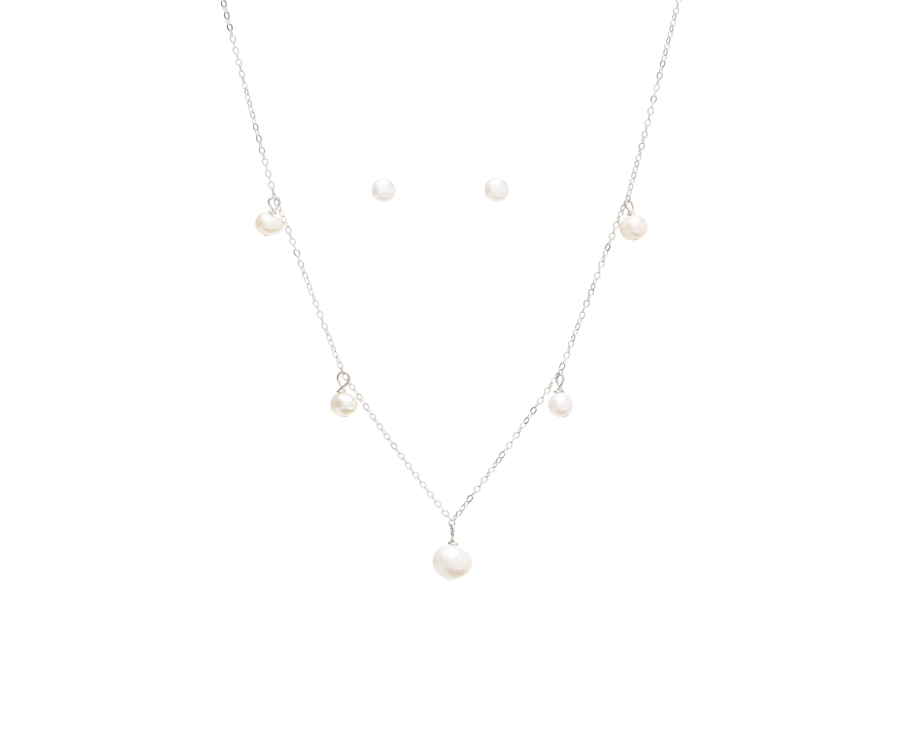 Pearl Drop Station Necklace and Stud Earrings Set