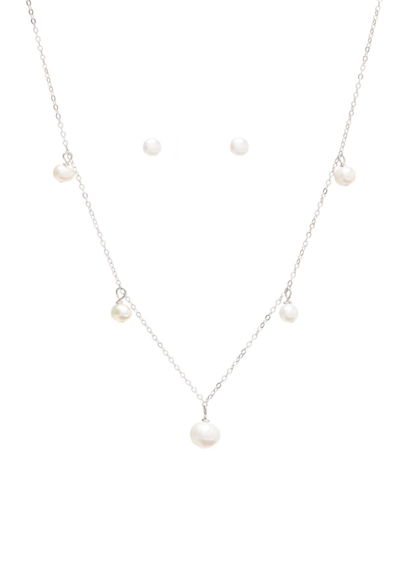 Pearl Drop Station Necklace and Stud Earrings Set
