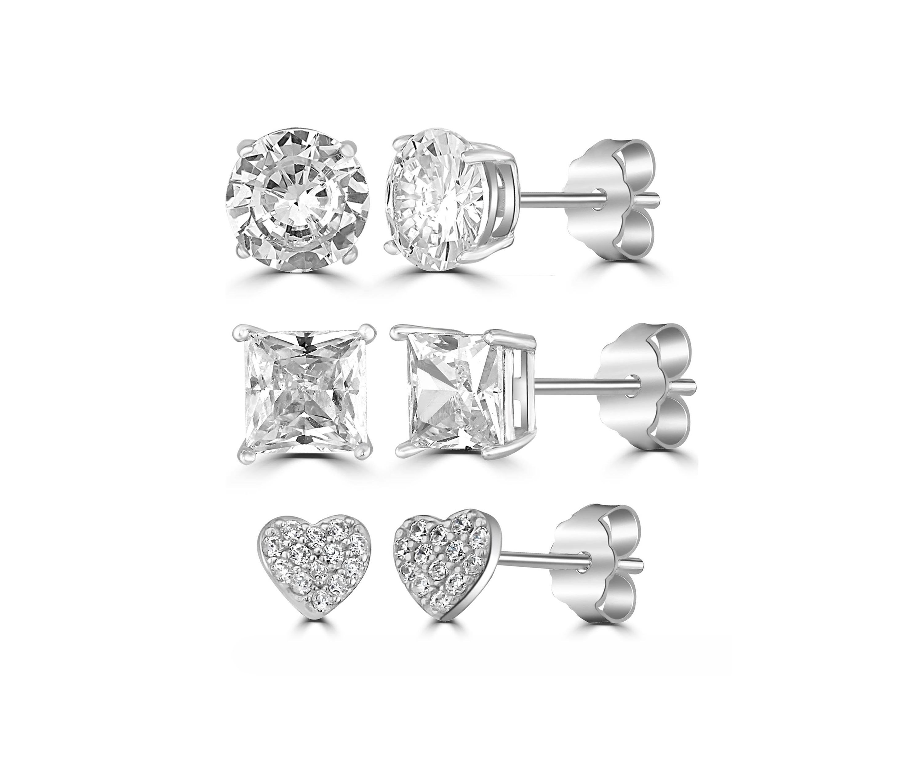 Silver Plated Round/Square/Heart Cubic Zirconia Stud Earring Trio Set