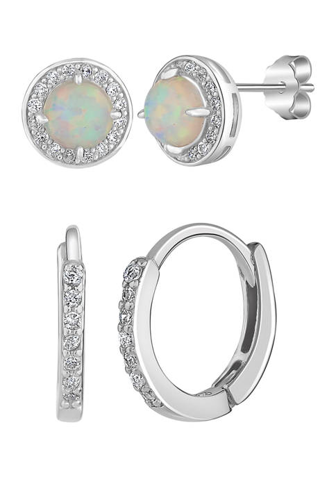 Sterling Silver Opal Cubic Zirconia Halo Stud and Cubic Zirconia Hoop Duo Earring Set - Boxed