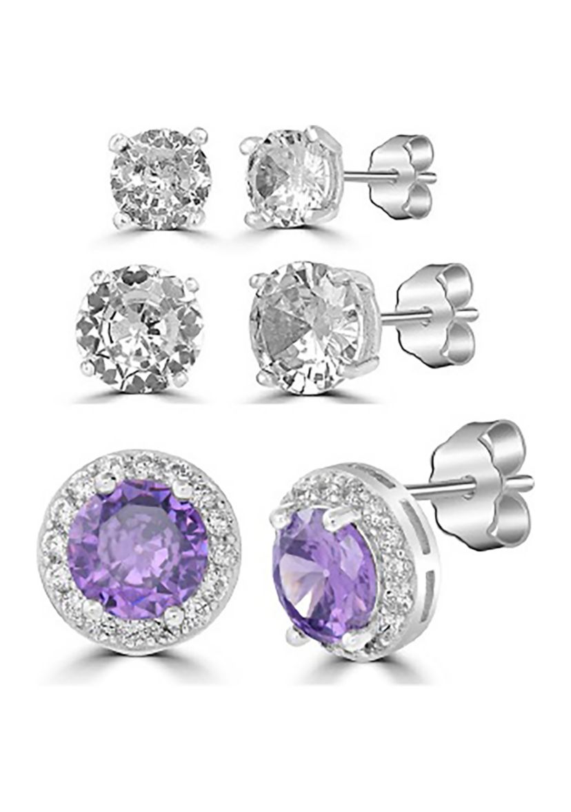 4 Millimeter & 6 Millimeter Round Clear Cubic Zirconia Studs with 8 Millimeter Round Amethyst Cubic Zirconia Halo Stud Earrings Set in Sterling Silver