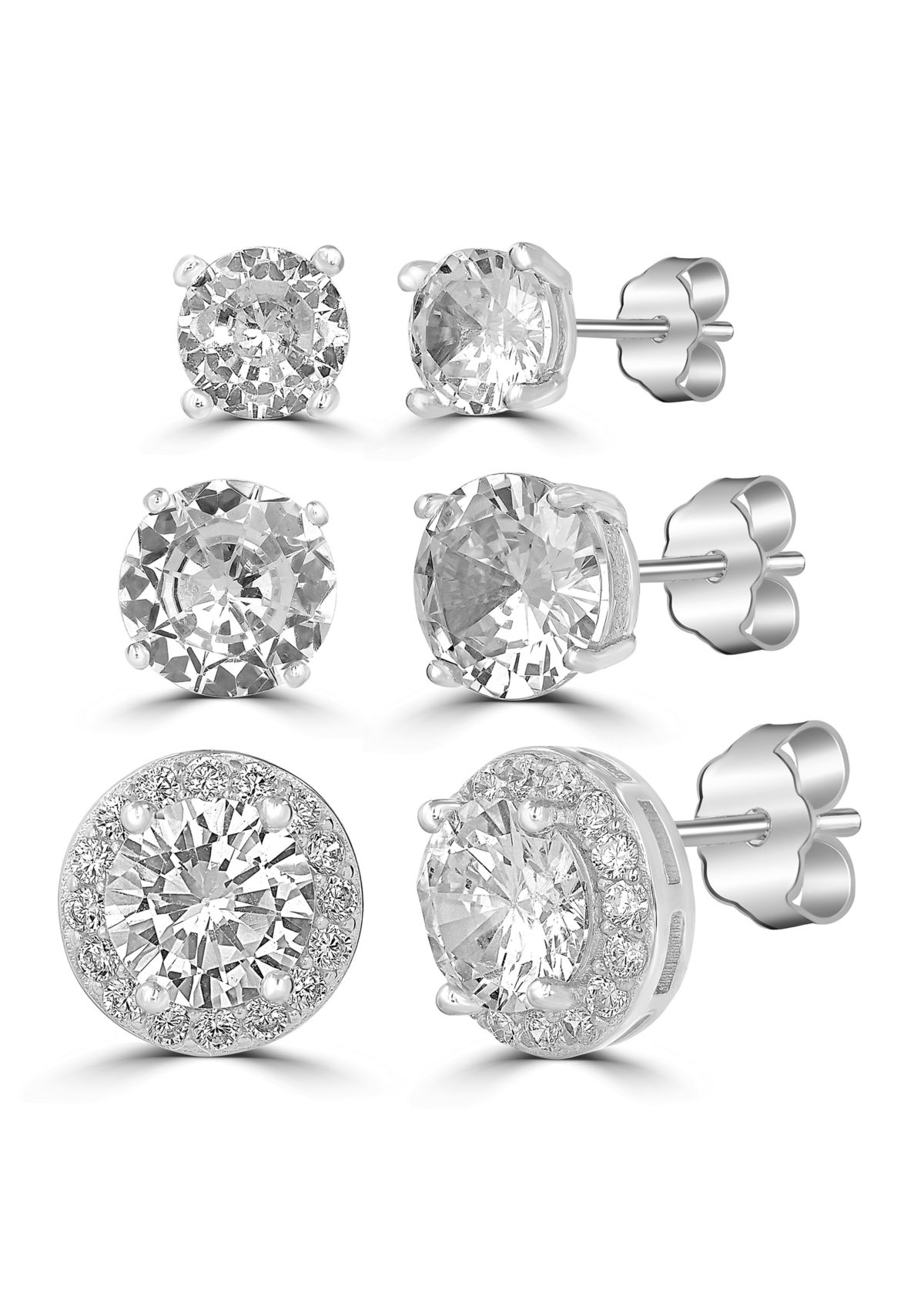 Sterling Silver Cubic Zirconia Stud Trio Earring Set - Boxed