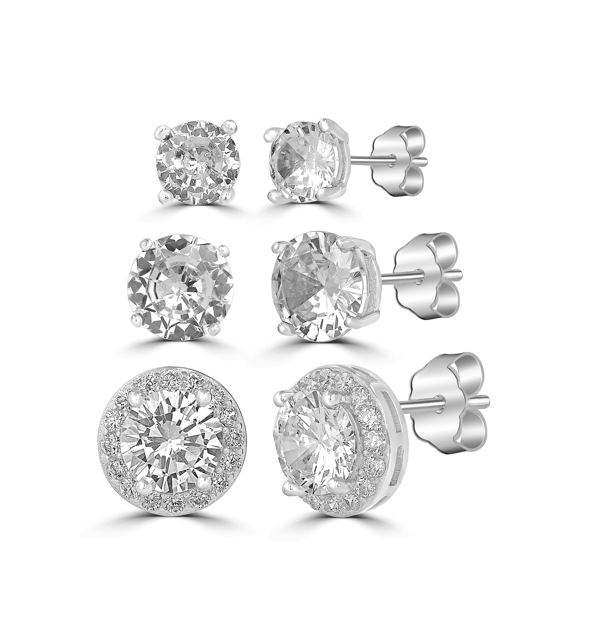Sterling Silver Cubic Zirconia Stud Trio Earring Set - Boxed