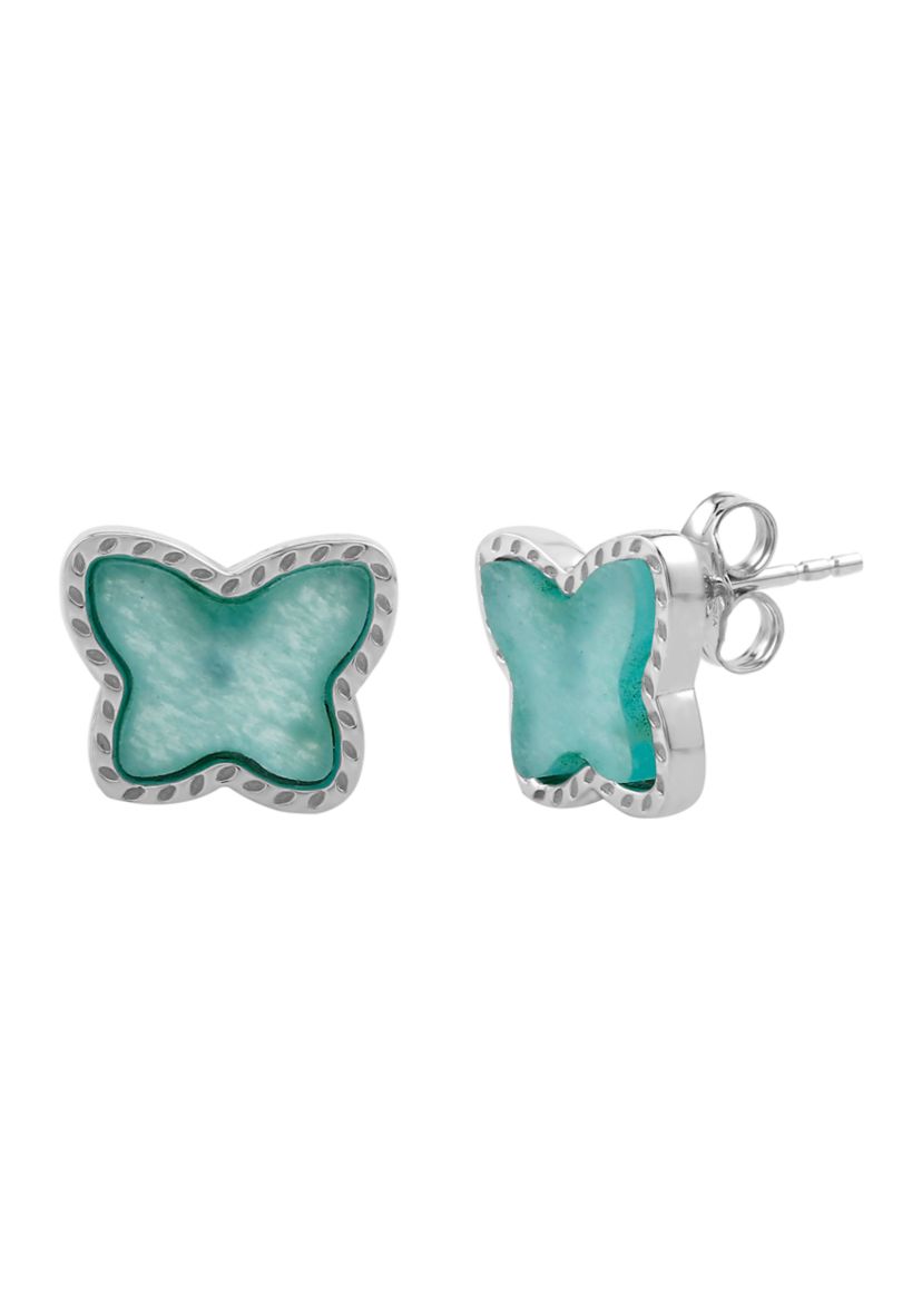 Sterling Silver Genuine Stone Butterfly Stud Earrings 