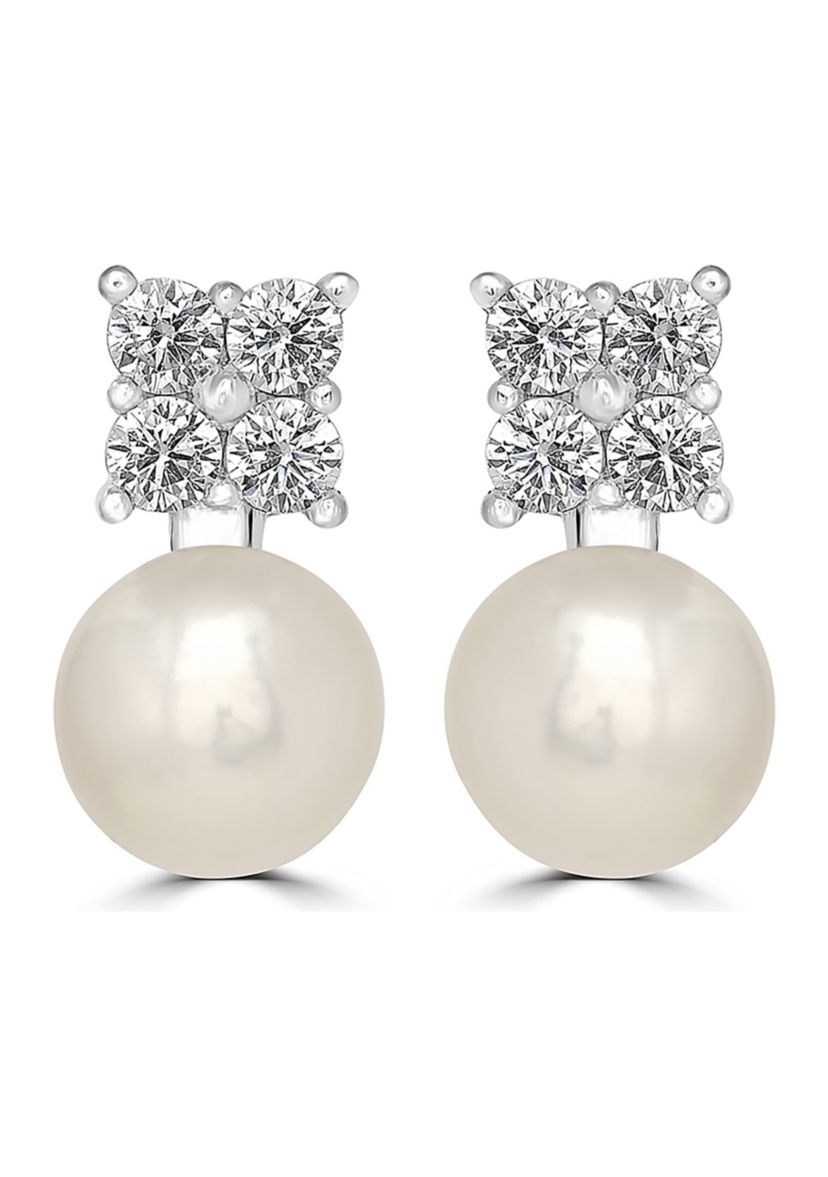 Sterling Silver Pearl and Cubic Zirconia Flower Stud Earrings