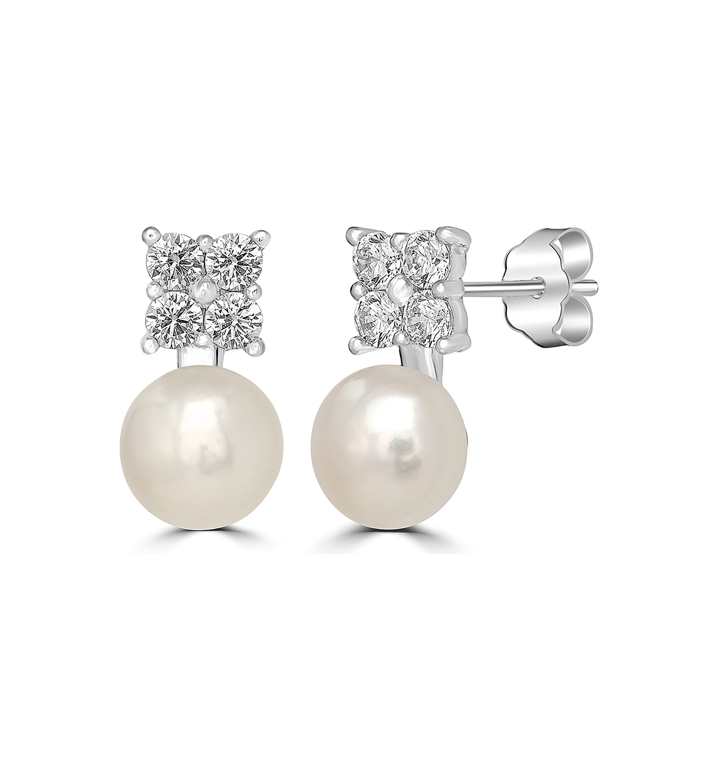 Sterling Silver Pearl and Cubic Zirconia Flower Stud Earrings