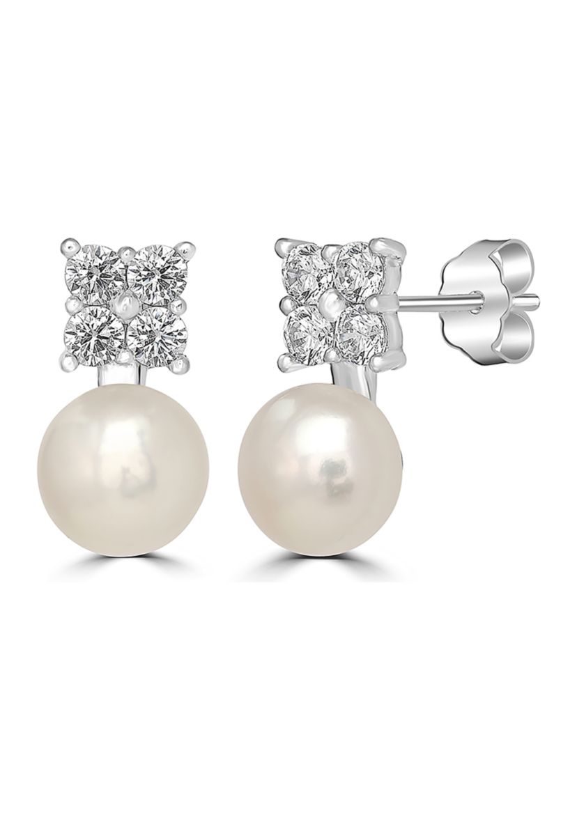 Sterling Silver Pearl and Cubic Zirconia Flower Stud Earrings