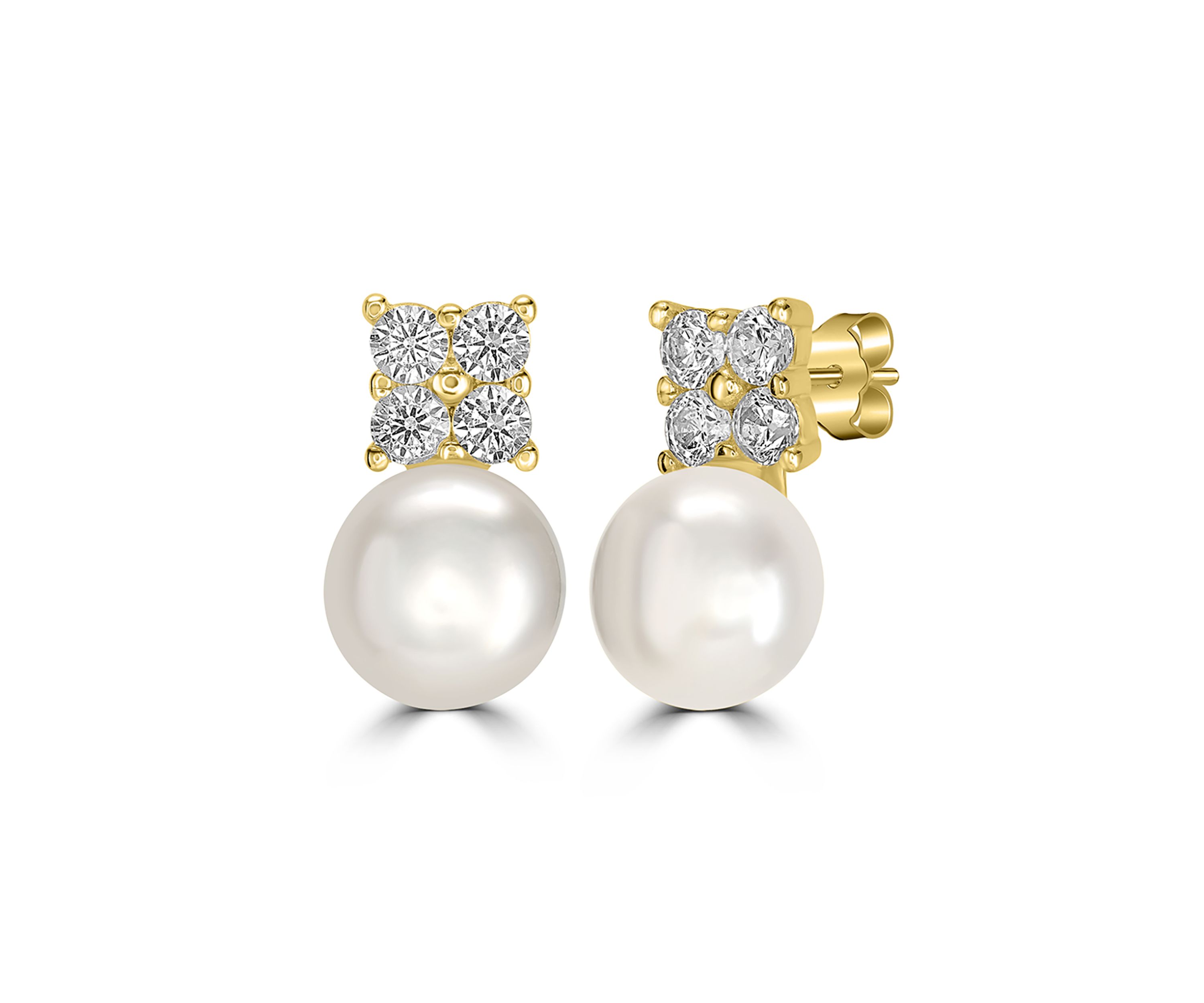 Gold-Plated Sterling Silver Pearl Cubic Zirconia Clover Stud Earrings