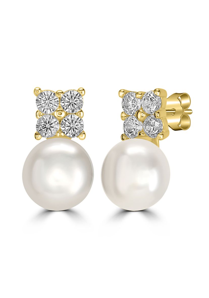 Gold-Plated Sterling Silver Pearl Cubic Zirconia Clover Stud Earrings