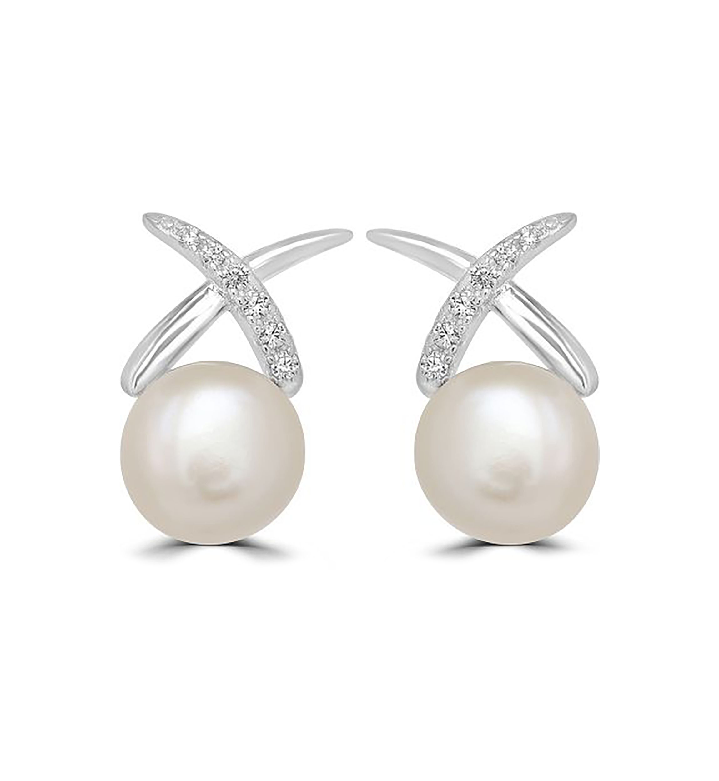 Sterling Silver Pearl Cubic Zirconia X Stud Earrings