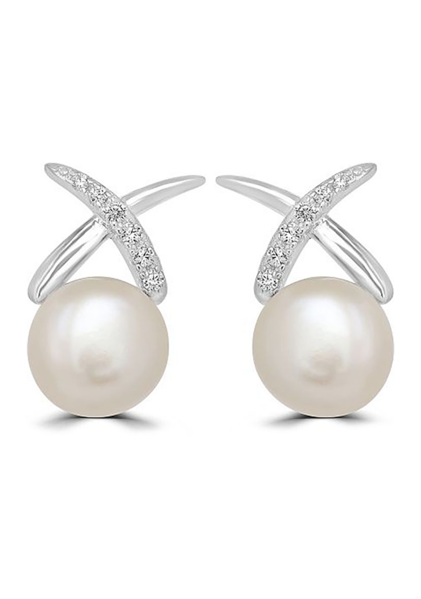 Sterling Silver Pearl Cubic Zirconia X Stud Earrings