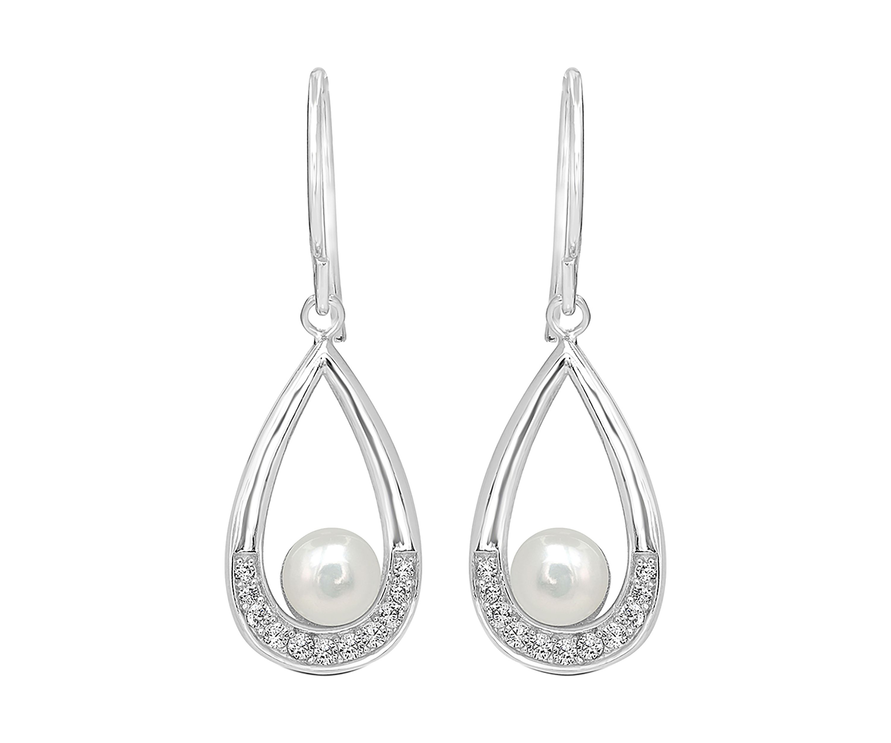 Sterling Silver Pearl Open Teardrop Dangle Earrings