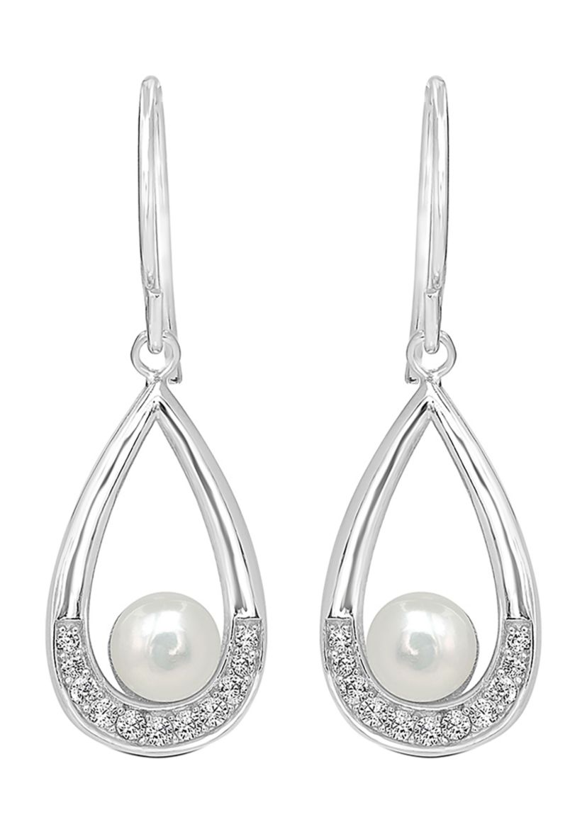Sterling Silver Pearl Open Teardrop Dangle Earrings