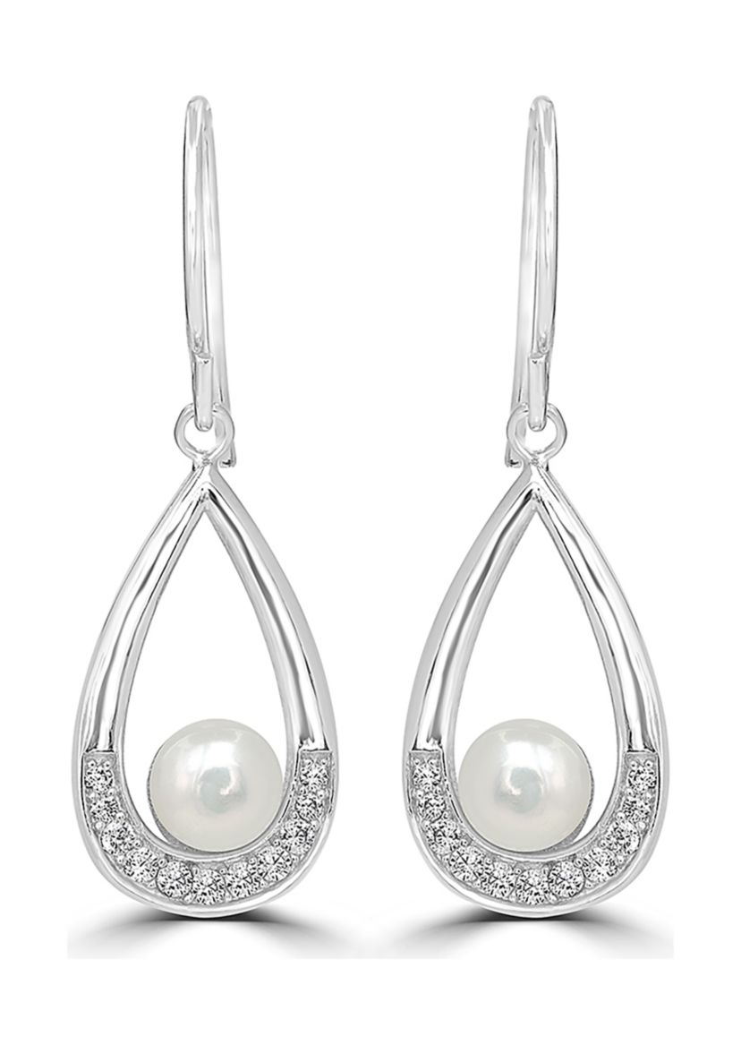 Pearl and Cubic Zirconia Teardrop Earrings in Sterling Silver