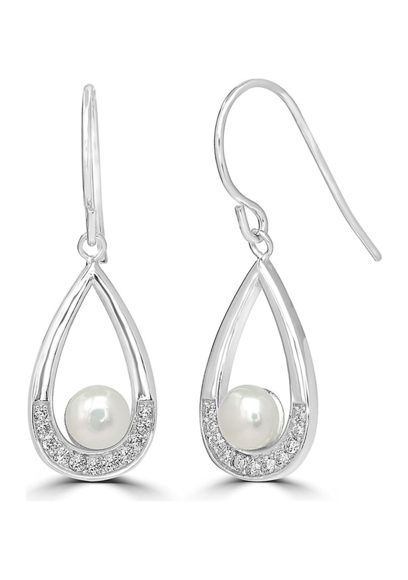 Pearl and Cubic Zirconia Teardrop Earrings in Sterling Silver