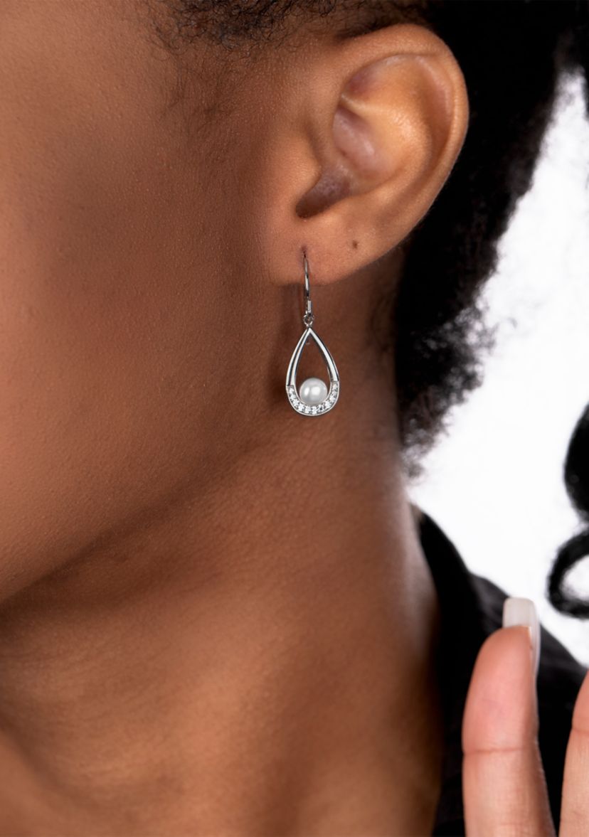 Pearl and Cubic Zirconia Teardrop Earrings in Sterling Silver