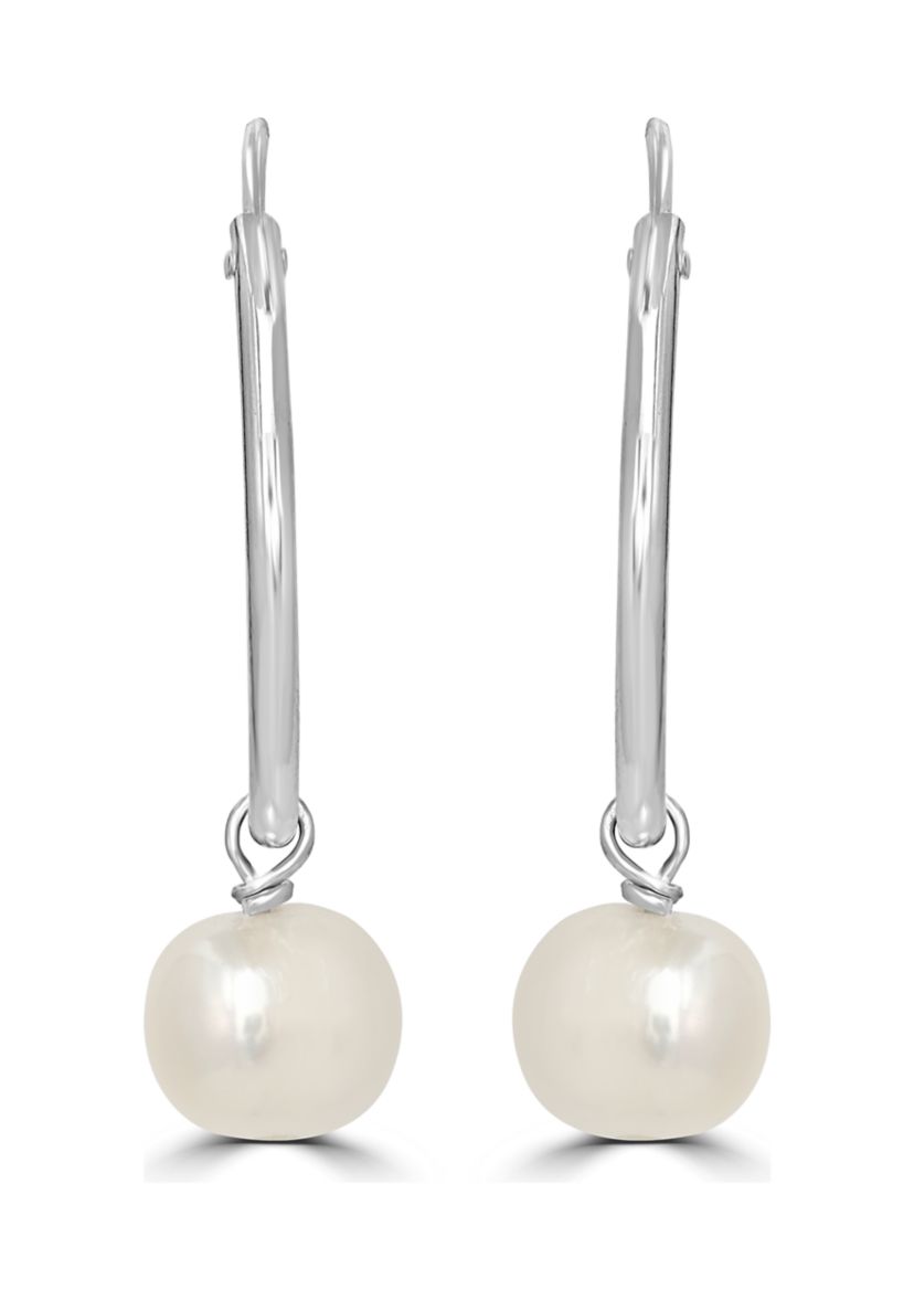 Sterling Silver Pearl Drop Hoop Earrings