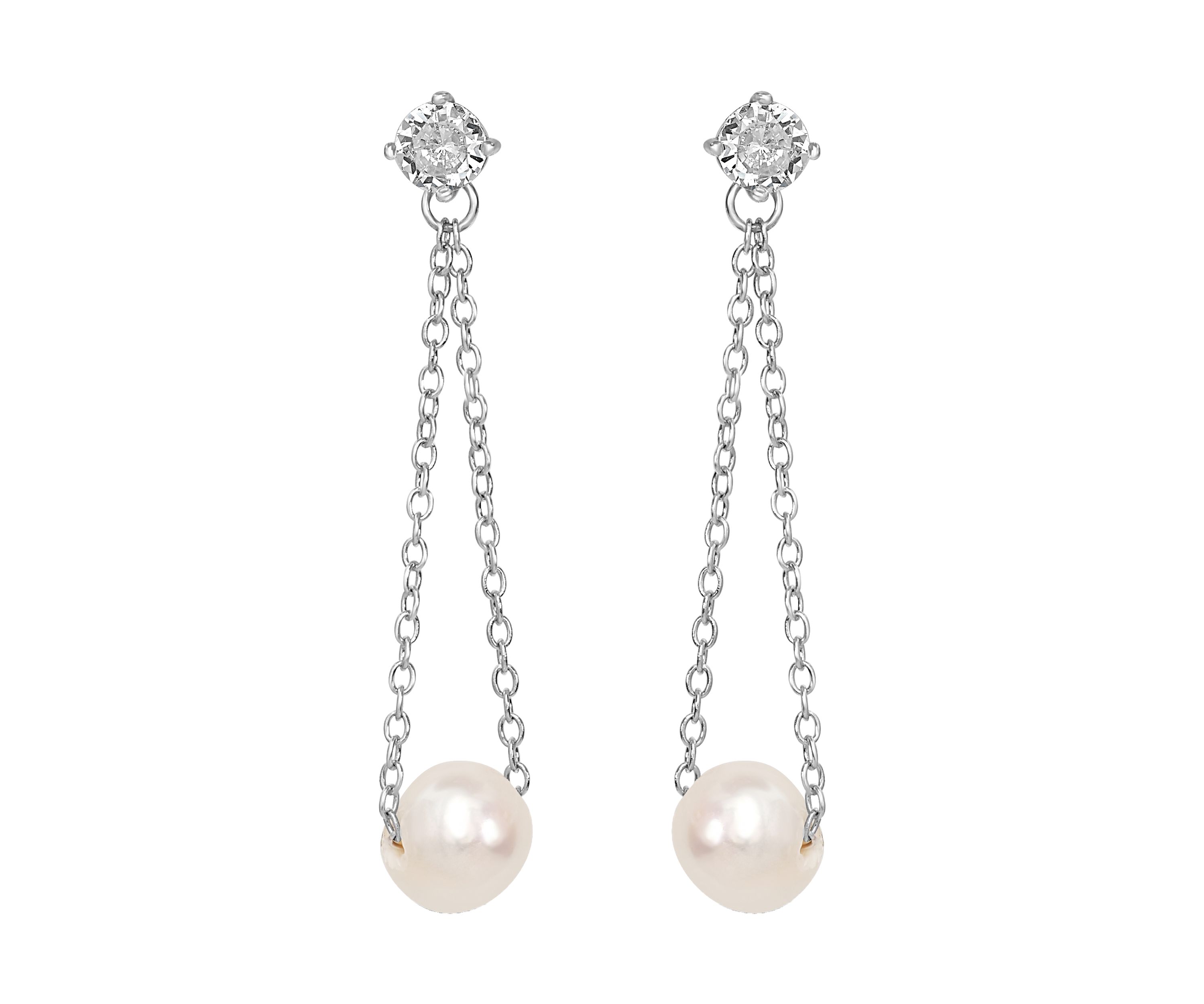 Sterling Silver Post Chain and Cubic Zirconia Pearl Drop Earrings