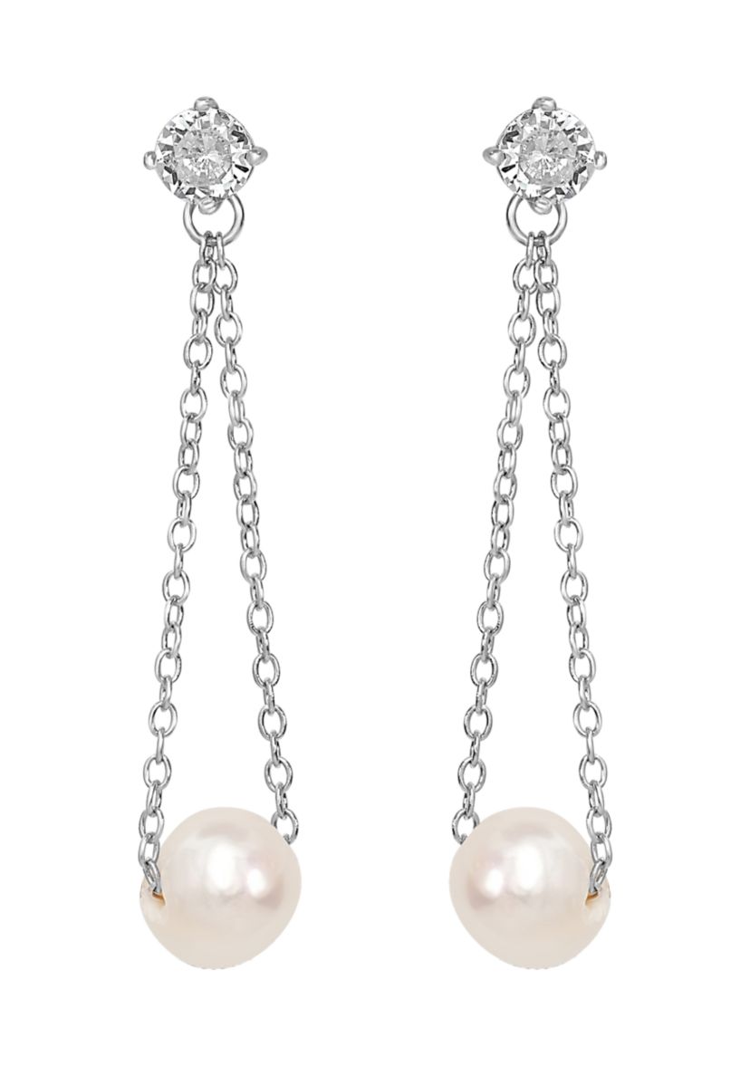 Sterling Silver Post Chain and Cubic Zirconia Pearl Drop Earrings