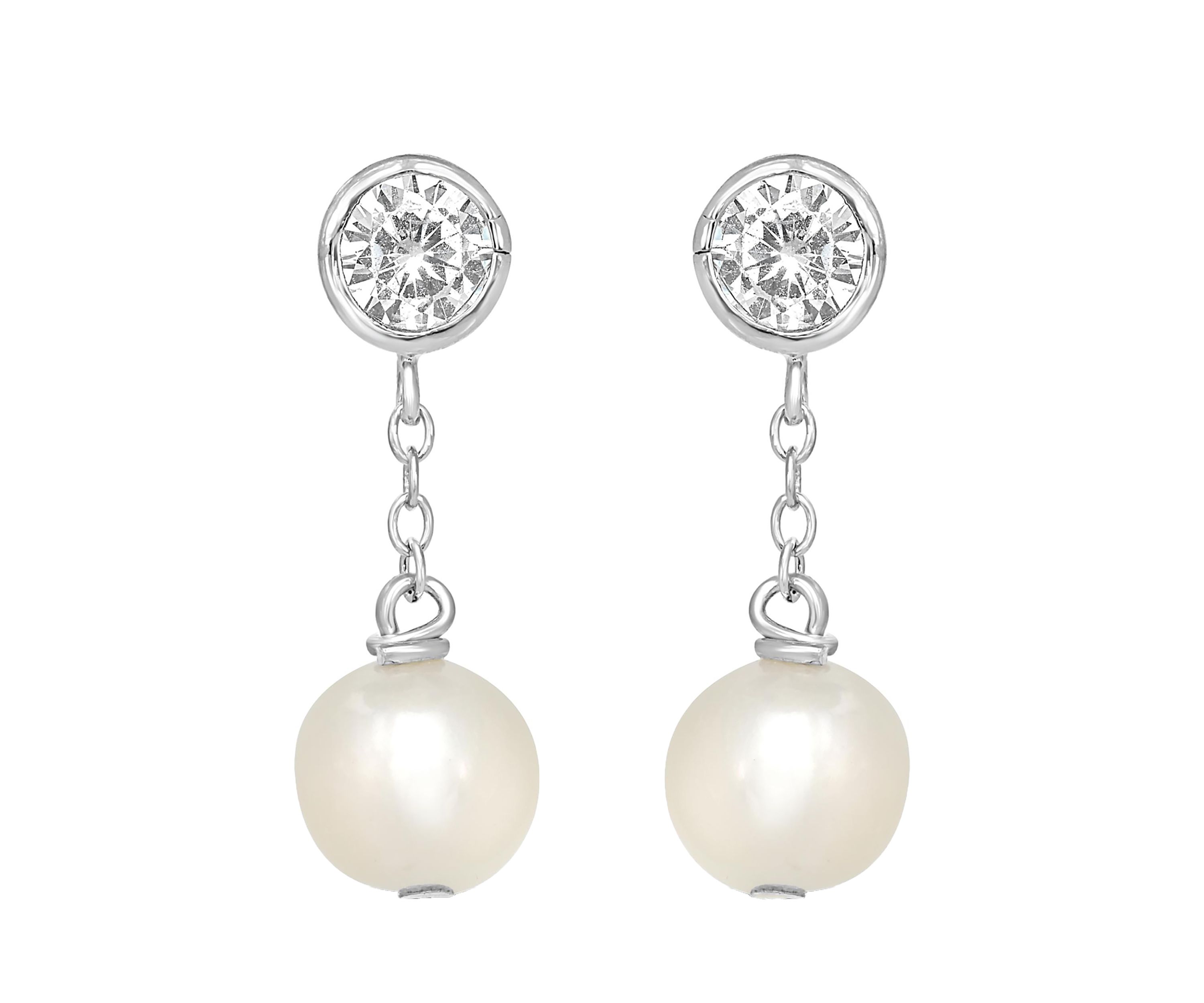Sterling Silver Chain and Cubic Zirconia Pearl Drop Post Earrings