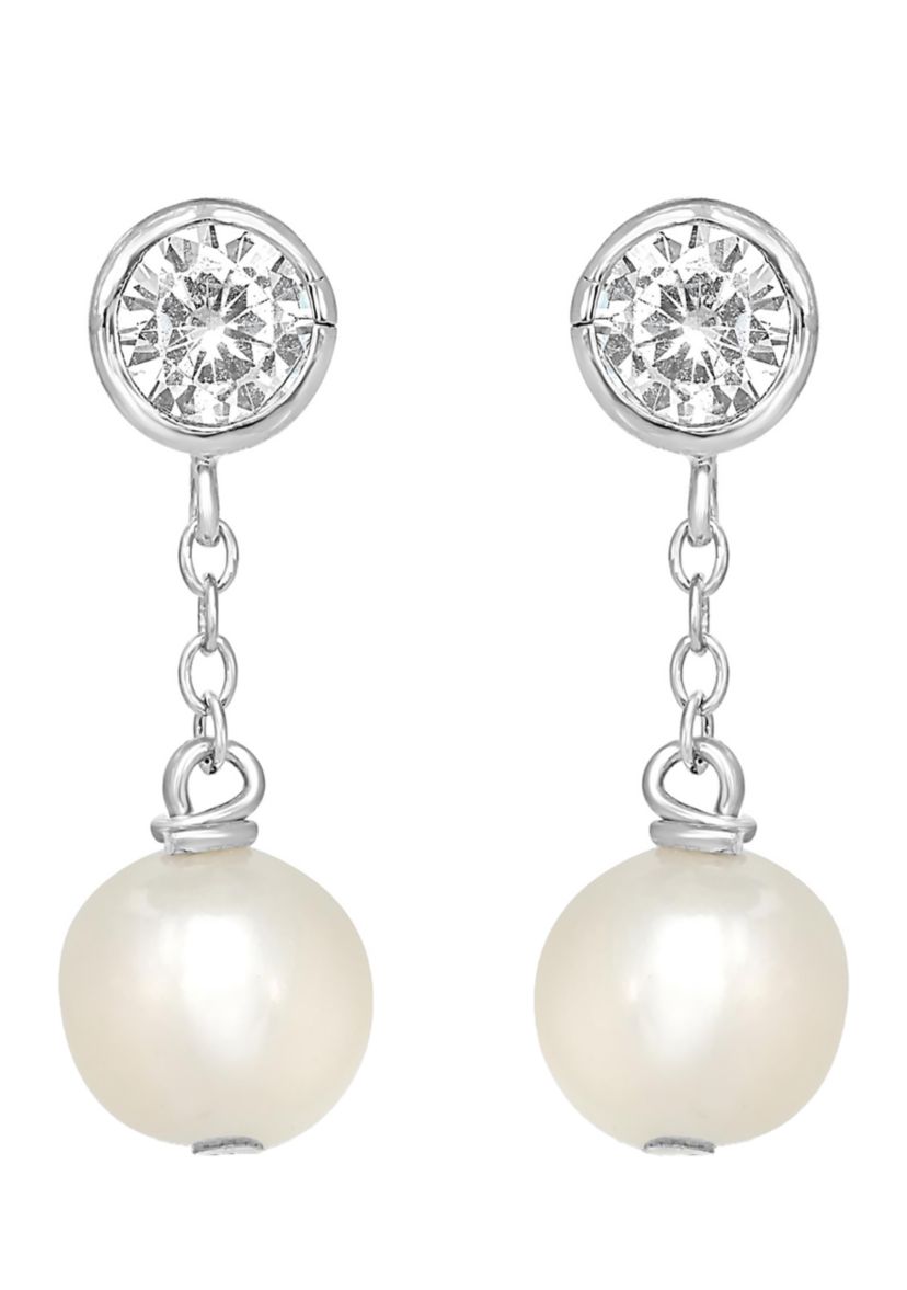 Sterling Silver Chain and Cubic Zirconia Pearl Drop Post Earrings