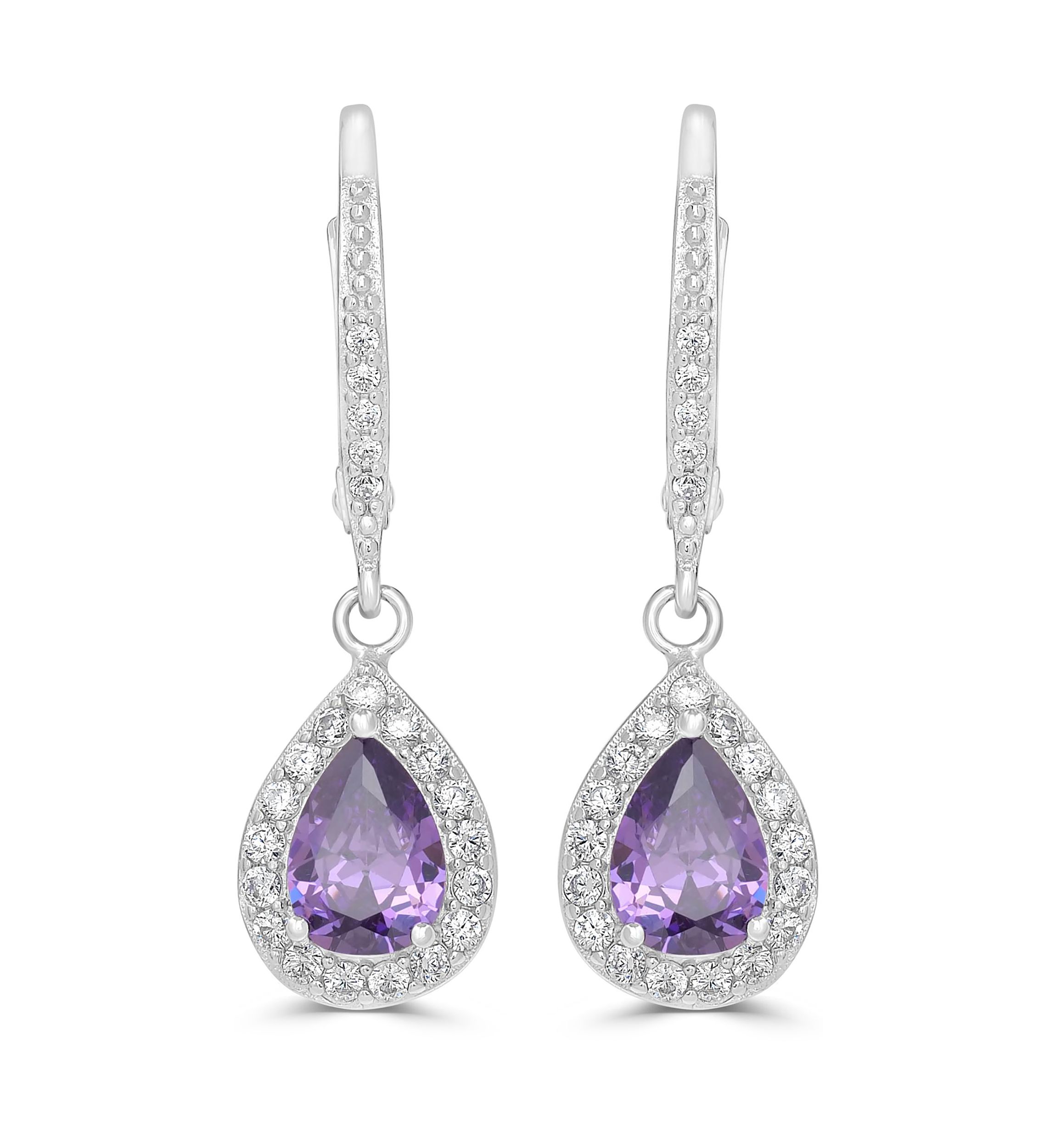 Sterling Silver Amethyst CZ Pear Drop Earrings