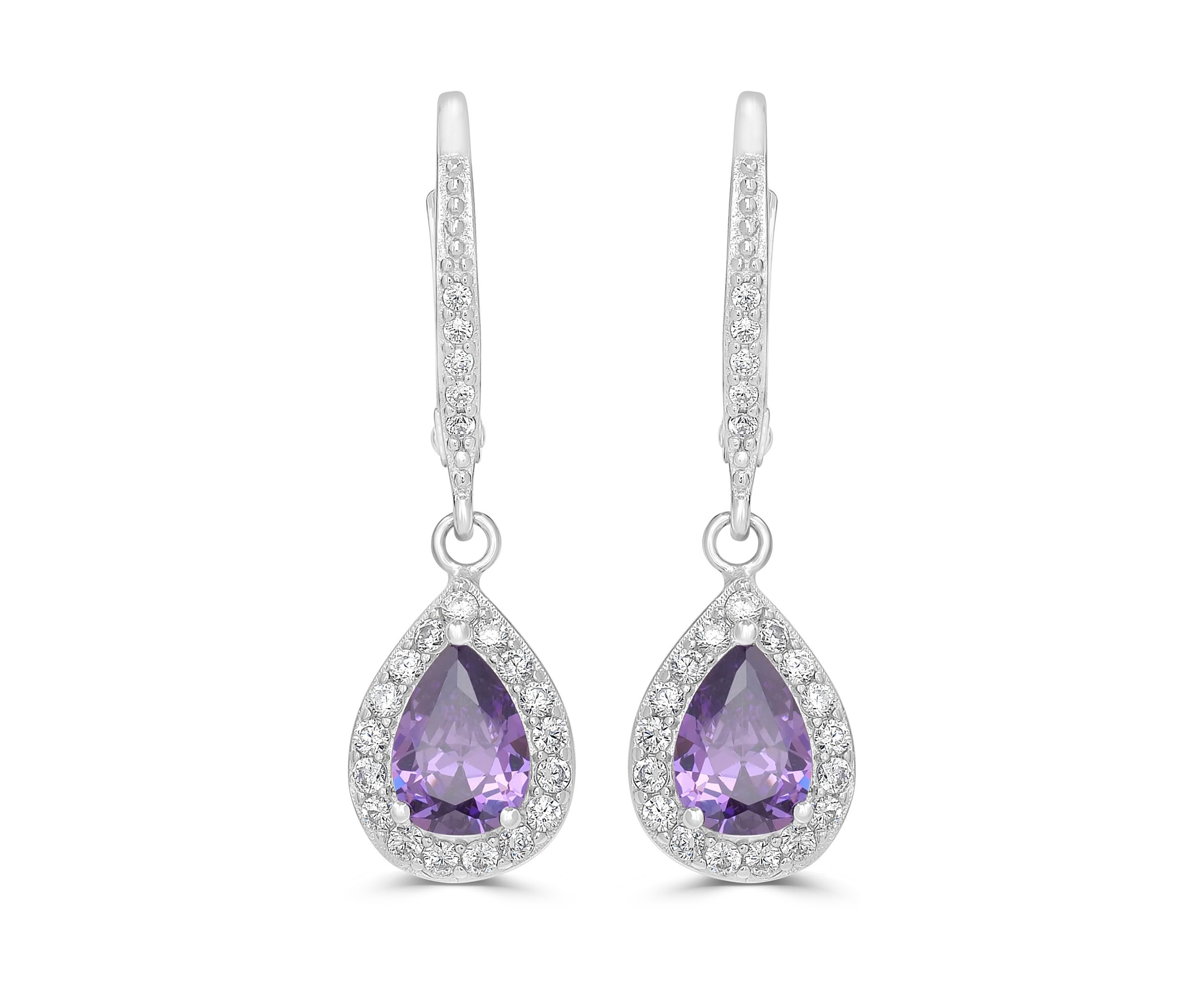 Sterling Silver Amethyst CZ Pear Drop Earrings