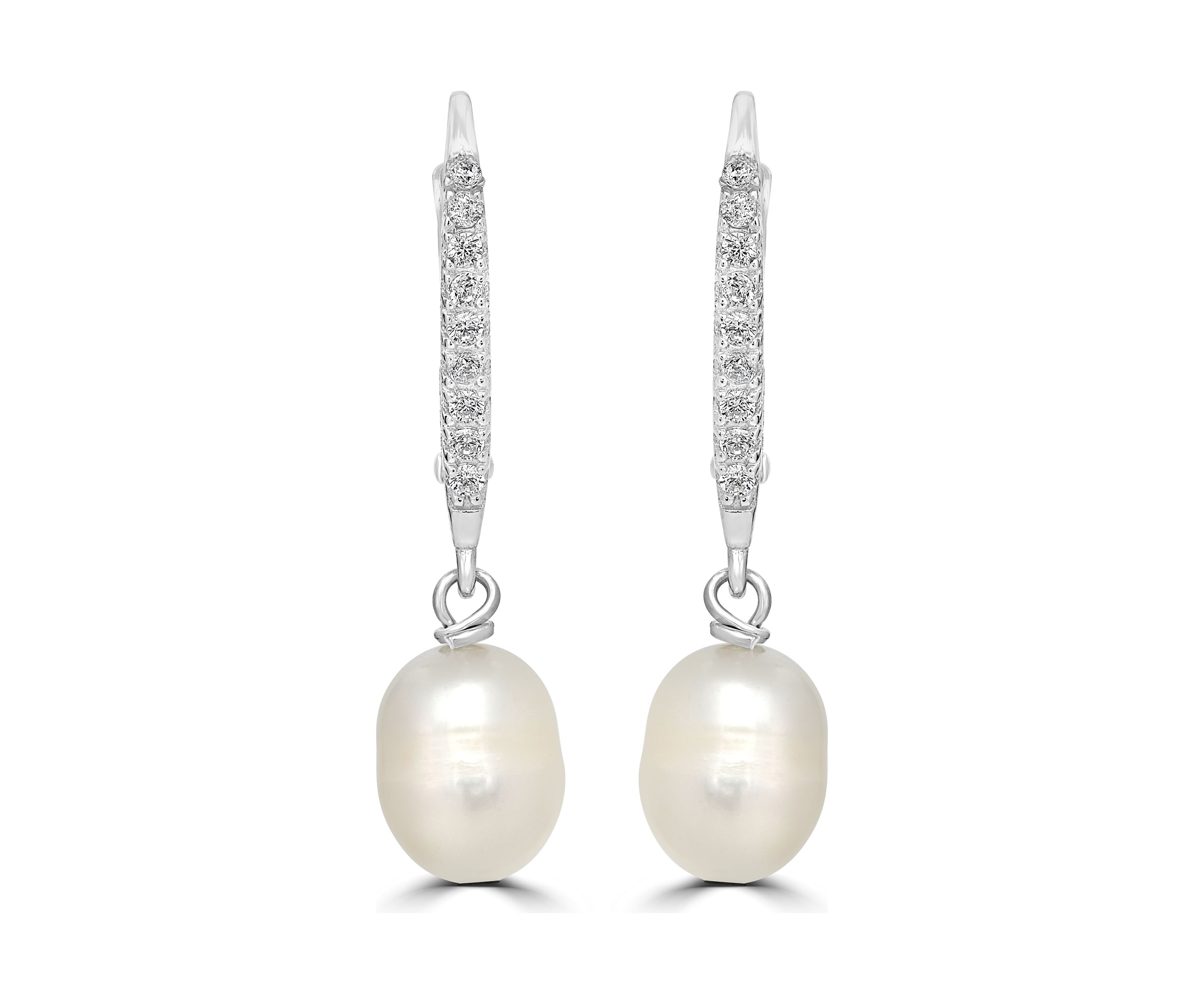 Pearl and Cubic Zirconia Linear Earrings in Sterling Silver