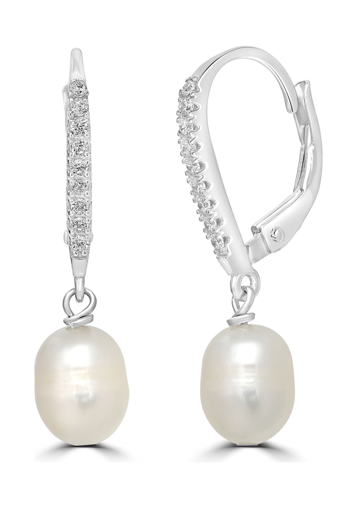 Pearl and Cubic Zirconia Linear Earrings in Sterling Silver