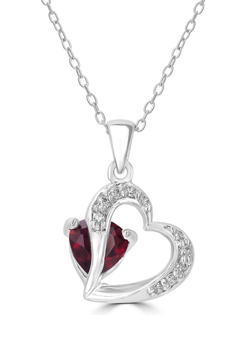 Sterling Silver Garnet and Cubic Zirconia Heart Necklace