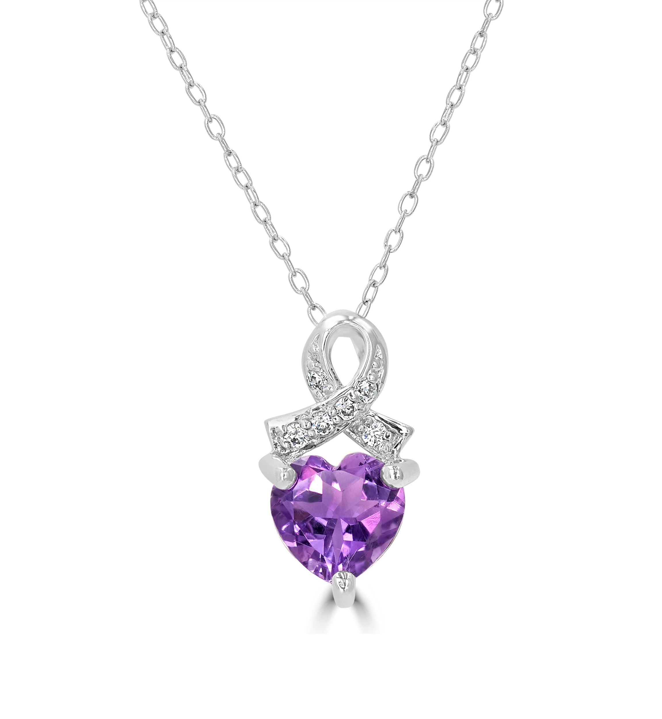 Sterling Silver Amethyst and Cubic Zirconia Heart Ribbon Necklace