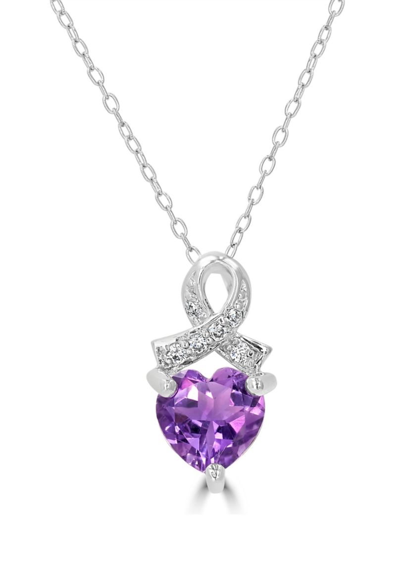 Sterling Silver Amethyst and Cubic Zirconia Heart Ribbon Necklace
