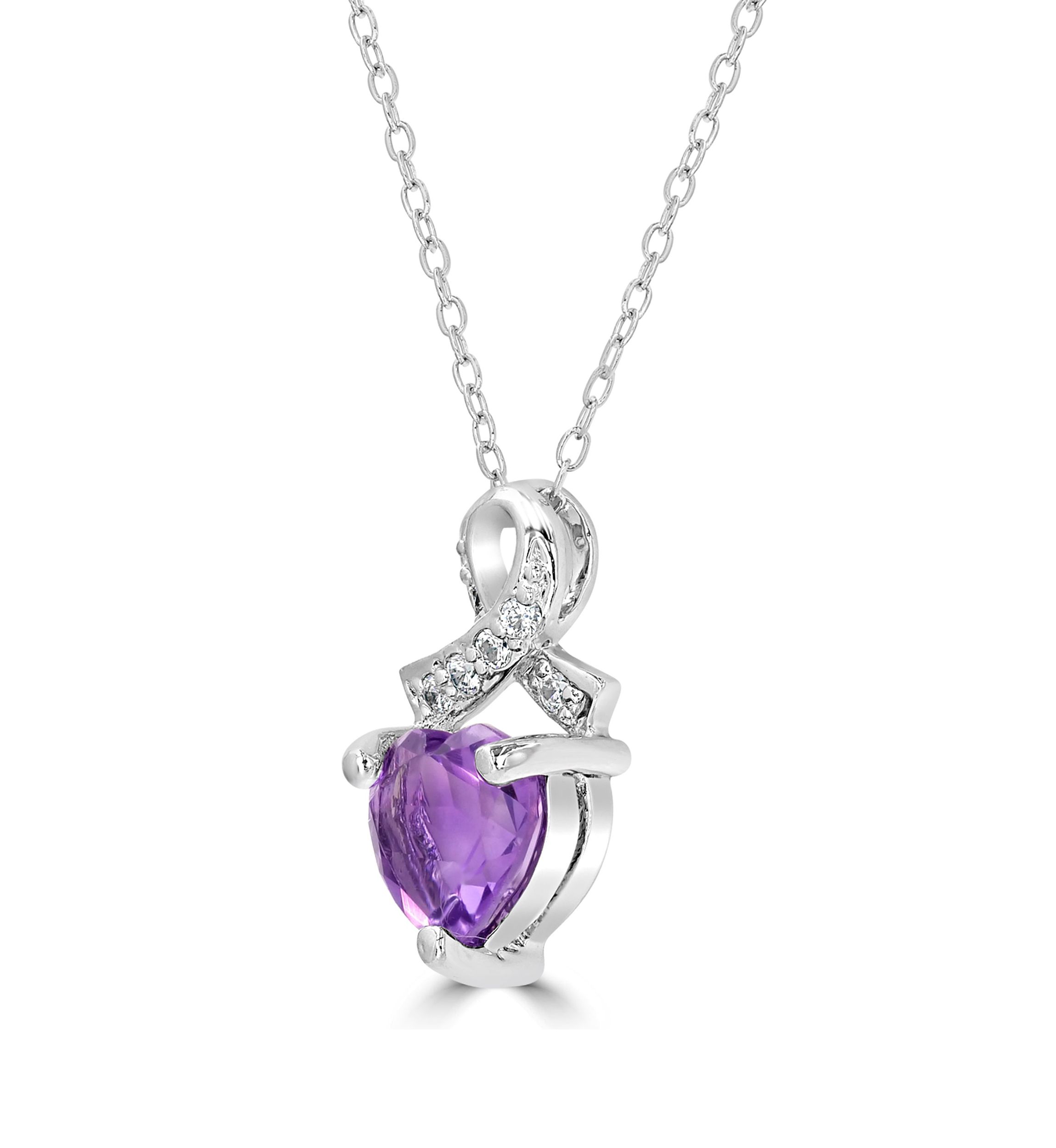 Sterling Silver Amethyst and Cubic Zirconia Heart Ribbon Necklace