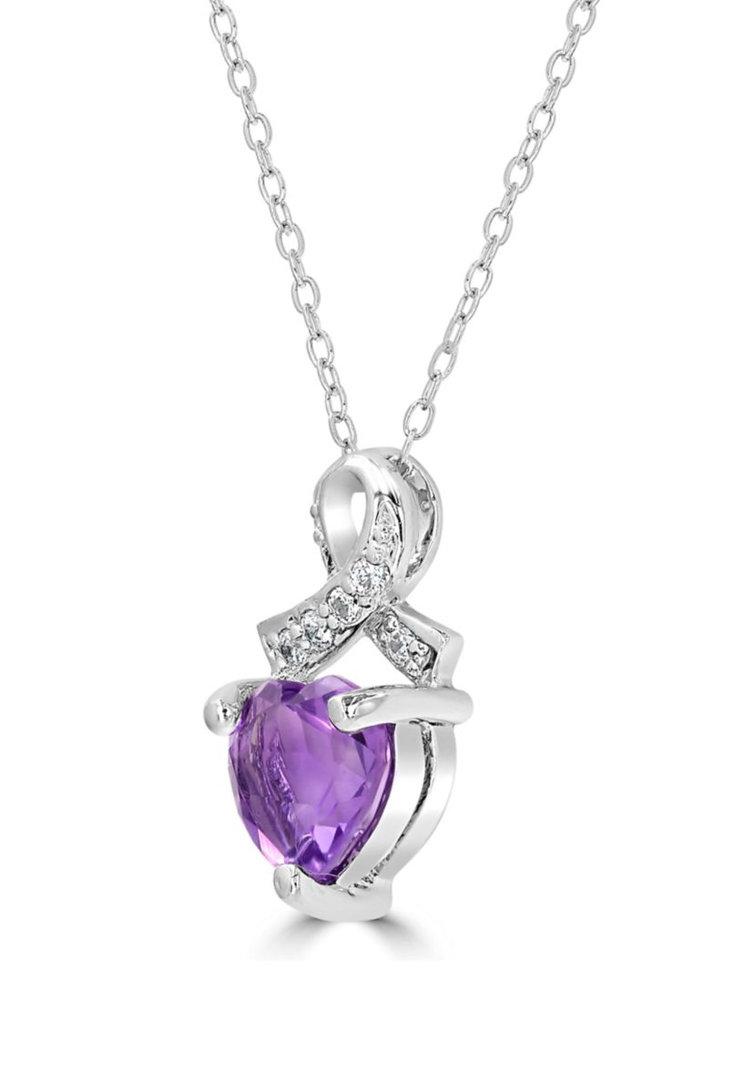 Sterling Silver Amethyst and Cubic Zirconia Heart Ribbon Necklace
