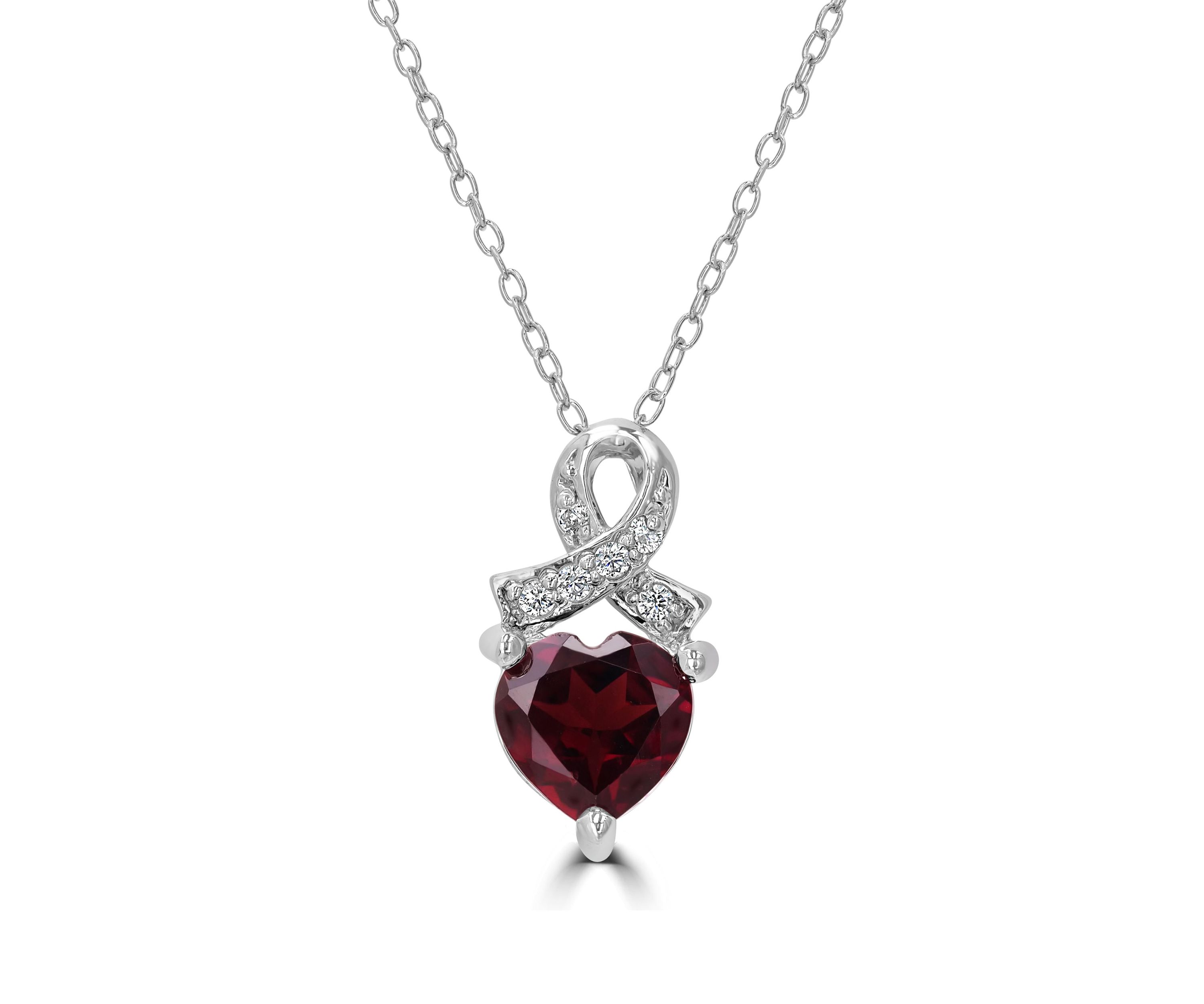 Sterling Silver Garnet and Cubic Zirconia Heart Ribbon Necklace