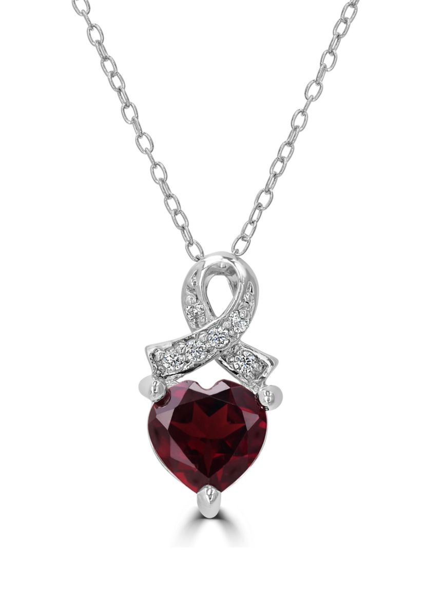 Sterling Silver Garnet and Cubic Zirconia Heart Ribbon Necklace