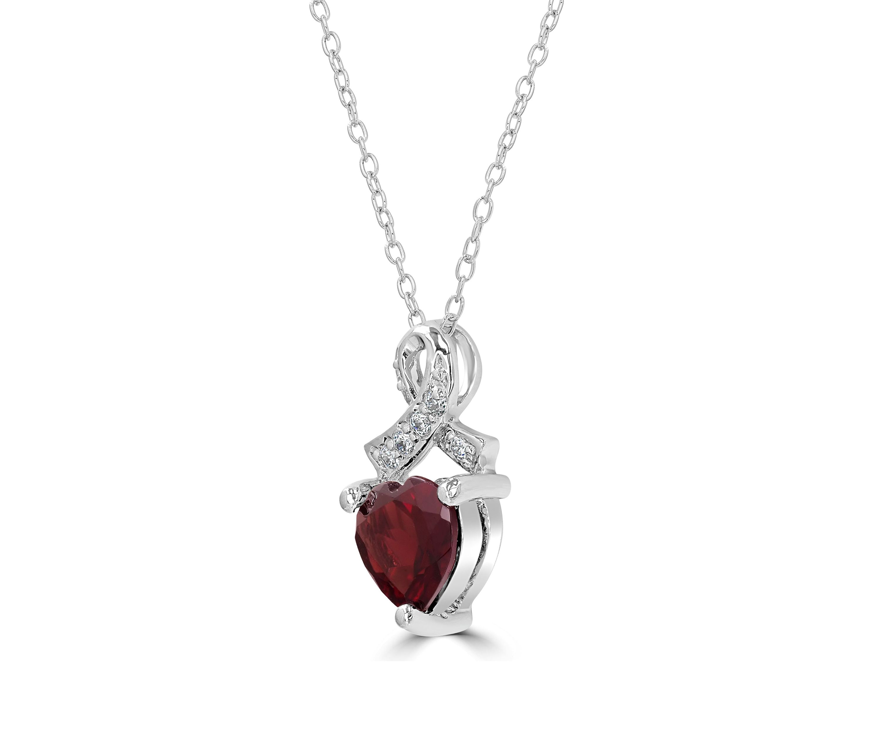 Sterling Silver Garnet and Cubic Zirconia Heart Ribbon Necklace