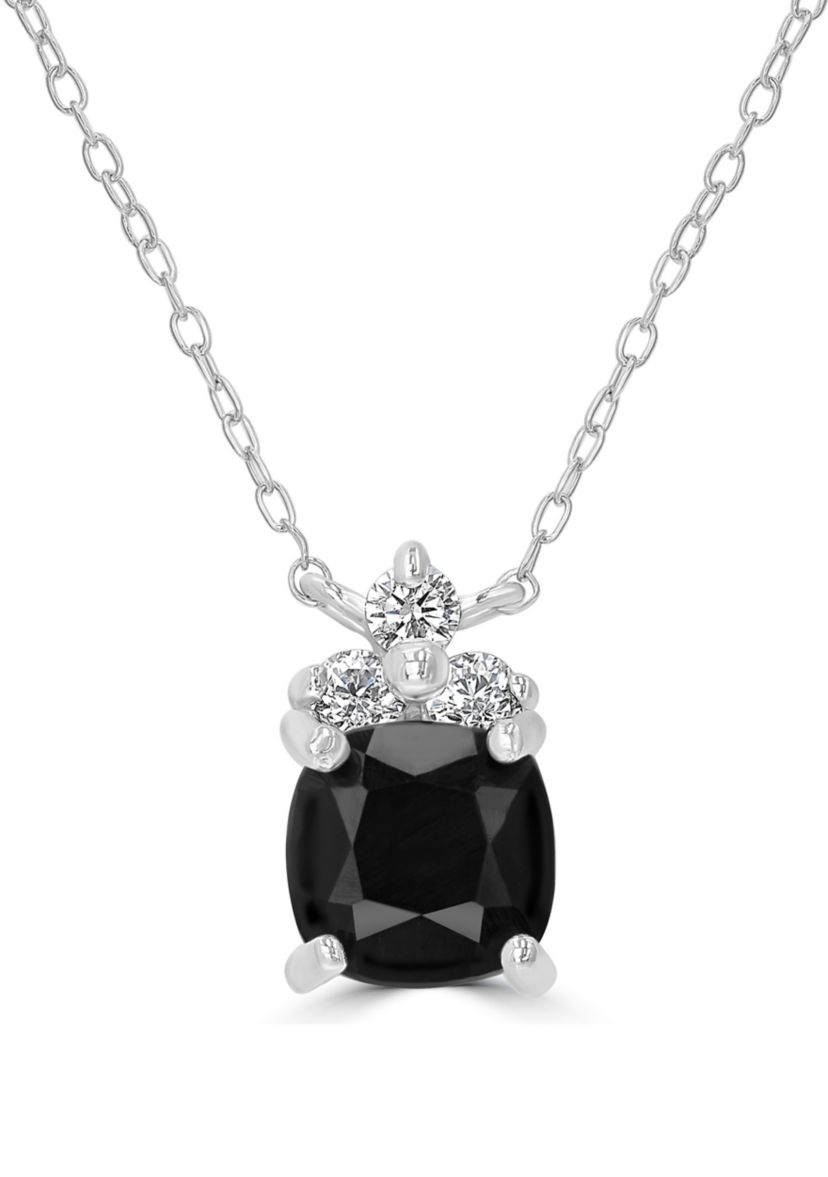Sterling Silver Cushion Cut Black Onyx and Cubic Zirconia Necklace