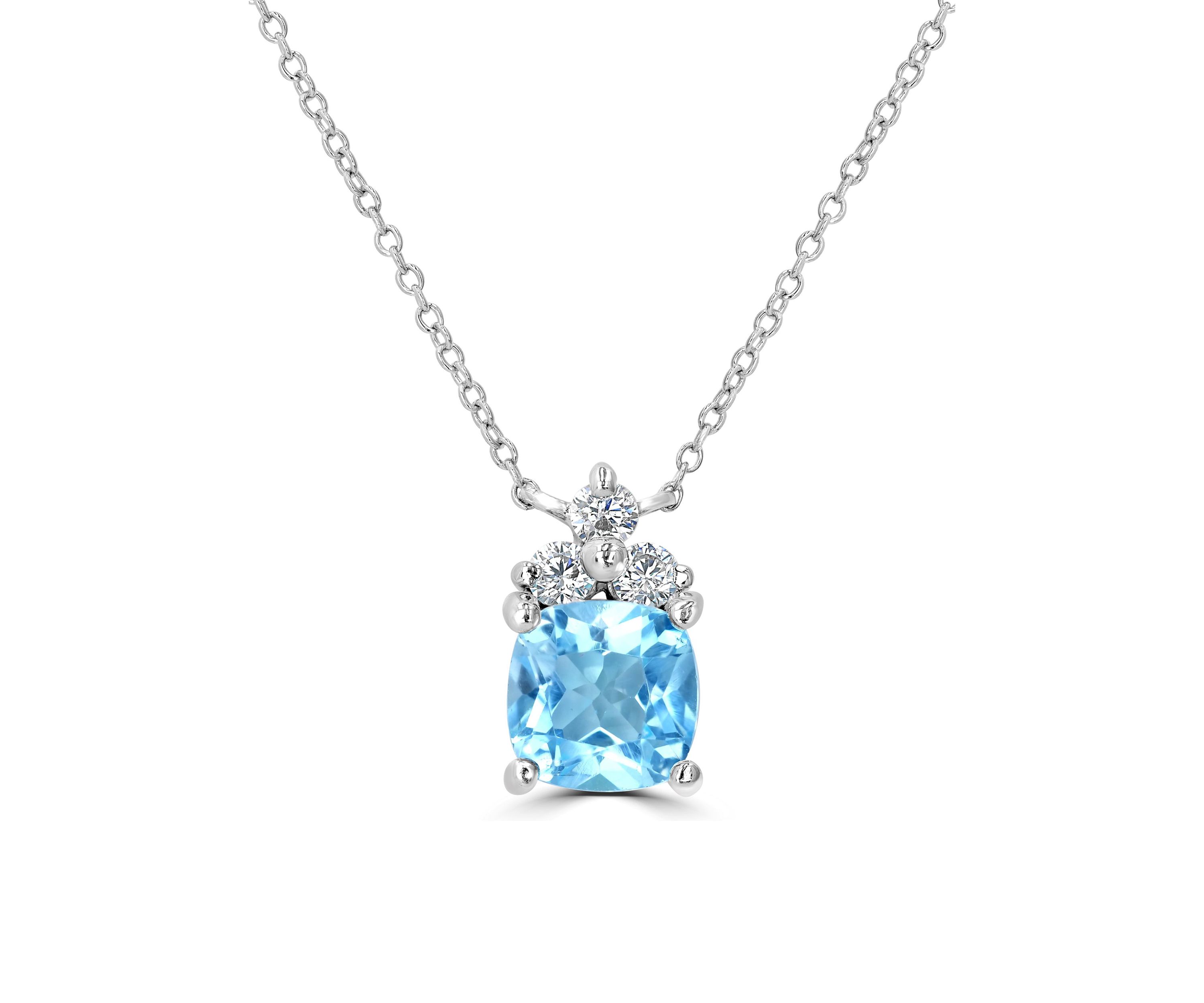 Sterling Silver Cushion Cut Blue Topaz  and Cubic Zirconia Necklace