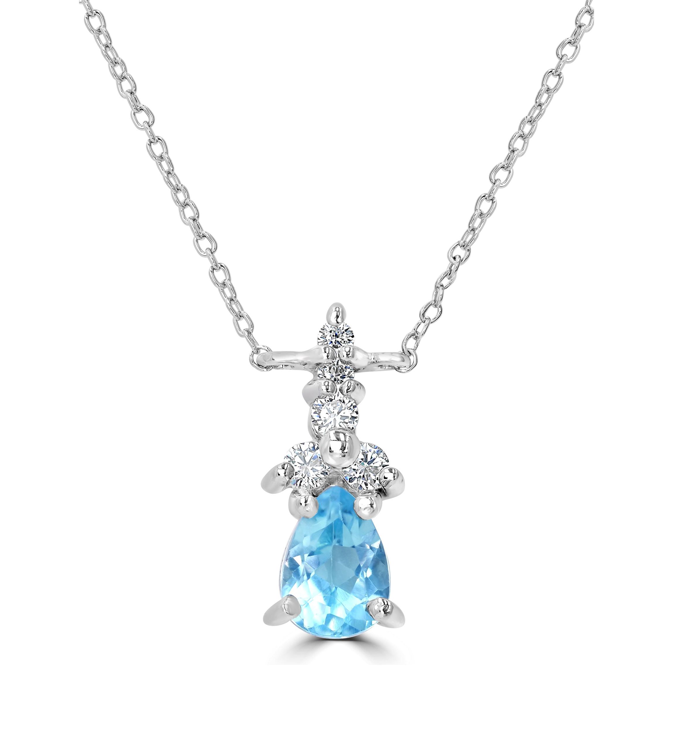 Sterling Silver Pear Cut Blue Topaz and Cubic Zirconia Necklace